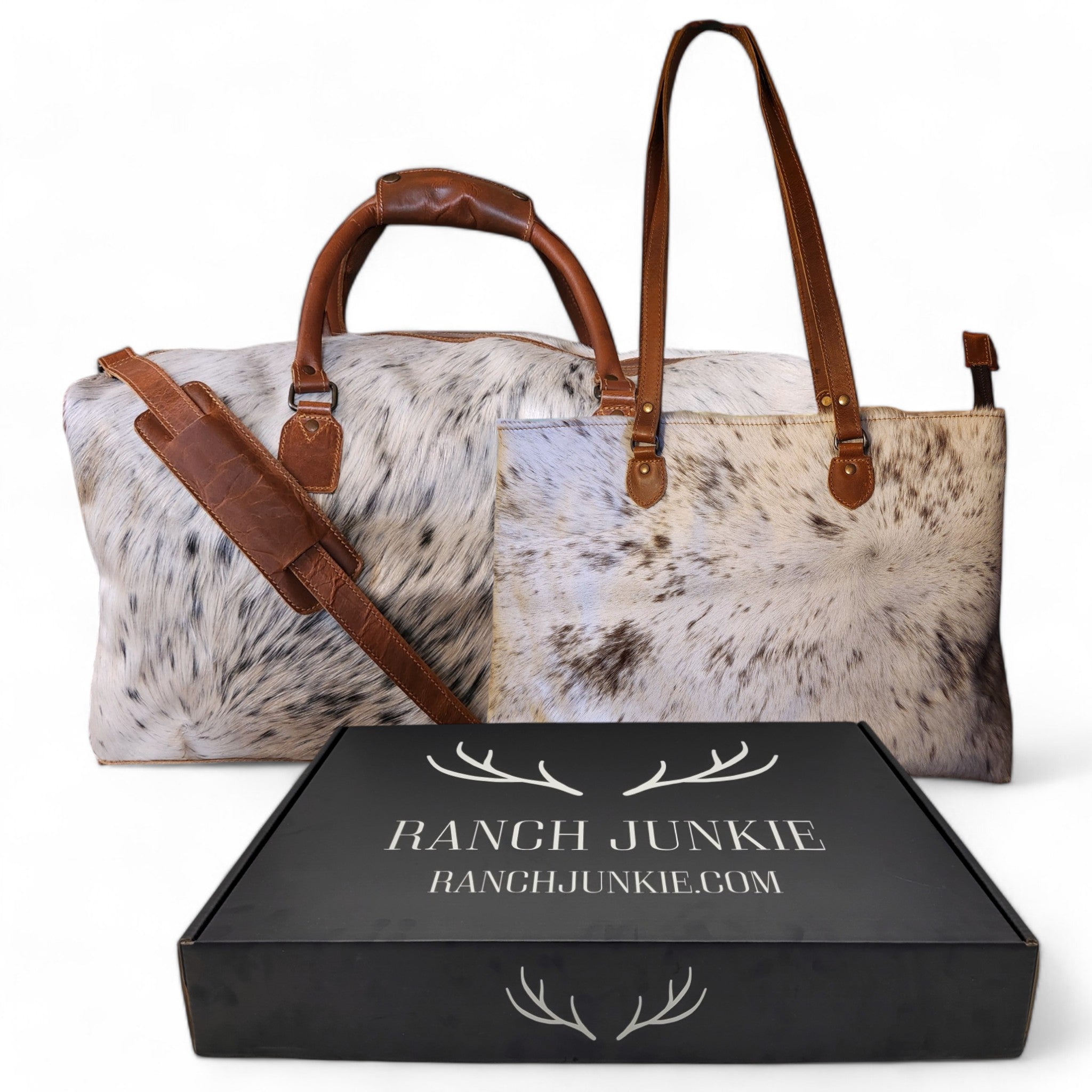 Bundle Deal Highlands Large Genuine Cowhide Weekender Duffel White Speckled + Cowhide Tote Bag Black - Ranch Junkie Mercantile LLC