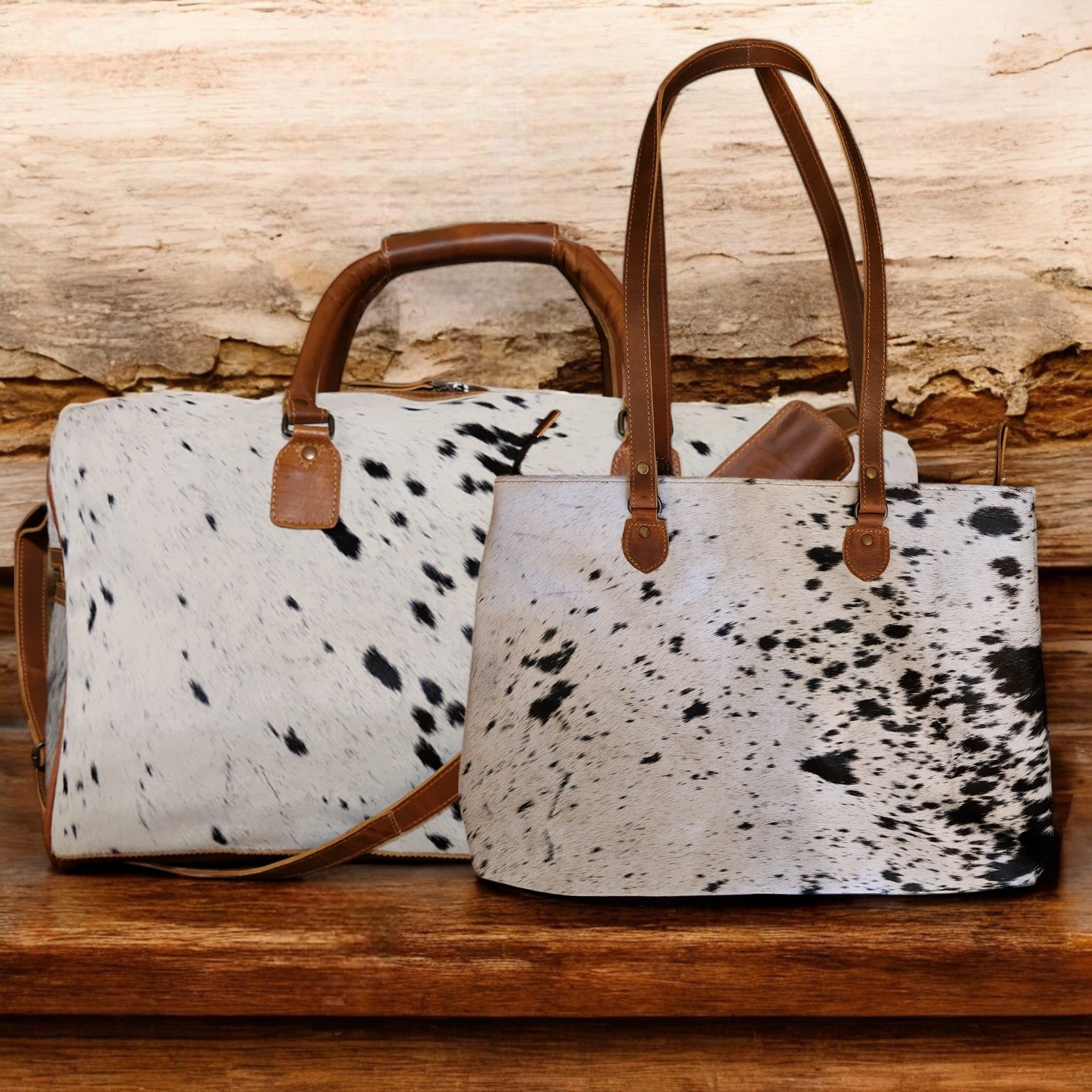 Bundle Deal Highlands Large Genuine Cowhide Weekender Duffel White Speckled + Cowhide Tote Bag Black - Ranch Junkie Mercantile LLC