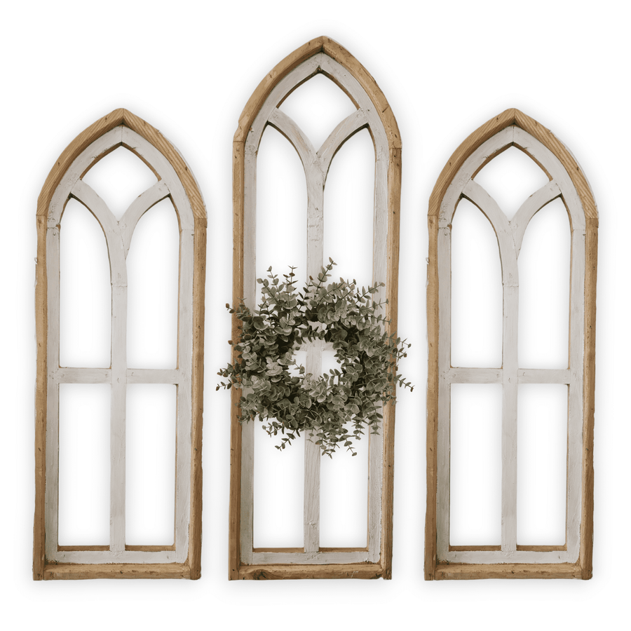 Ivory Point Cathedral Wood Window Collection - Set of 2 Medium Ivory Points + 1 Large Ivory Point Rustic Cathedral wall windowsRanch Junkie