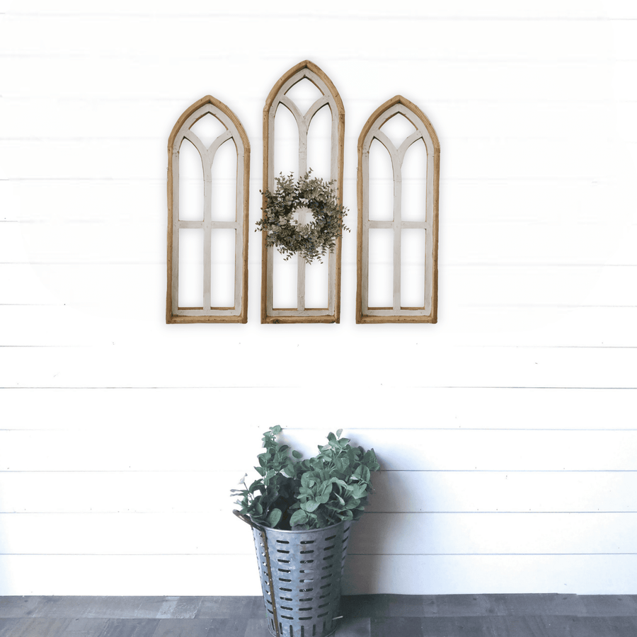 Ivory Point Cathedral Wood Window Collection - Set of 2 Medium Ivory Points + 1 Large Ivory Point Rustic Cathedral wall windowsRanch Junkie