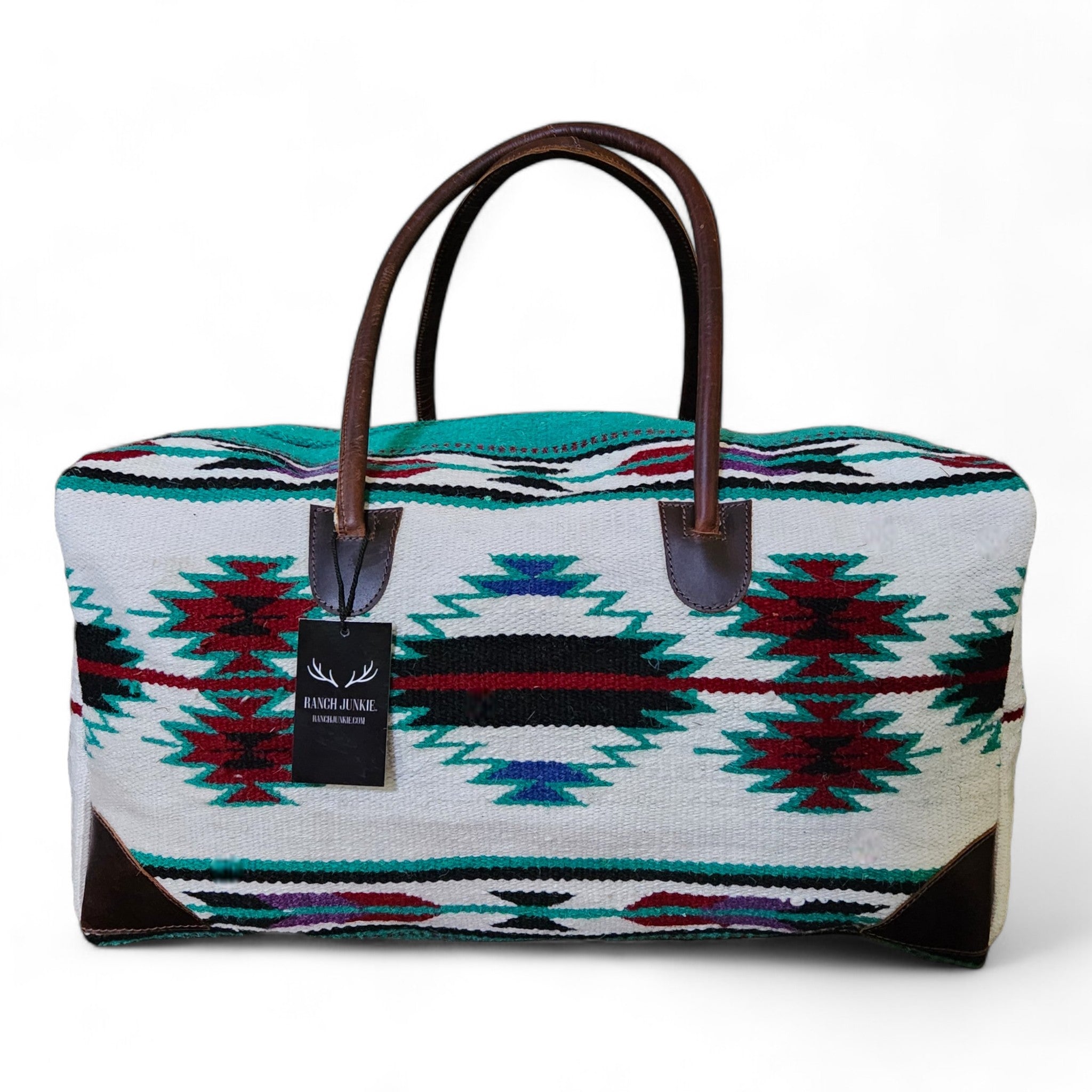Boho Aztec Large Weekender Southwestern Duffel Bag Maren Saddle Blanket Bag 100% Leather Handles - Ranch Junkie Mercantile LLC