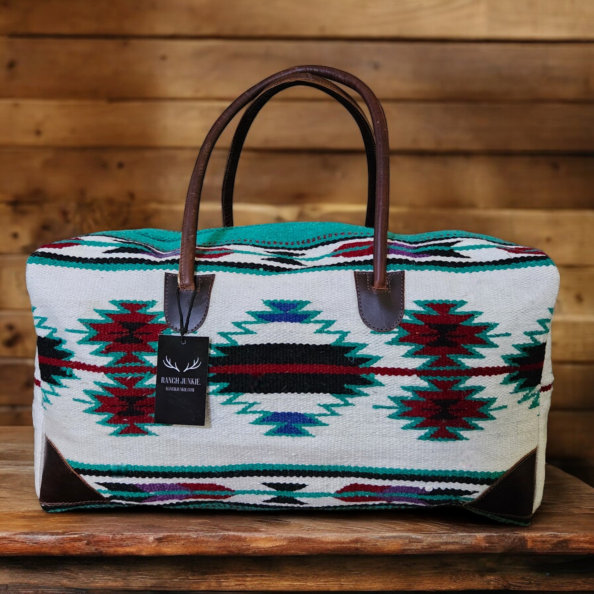 Boho Aztec Large Weekender Southwestern Duffel Bag Maren Saddle Blanket Bag 100% Leather Handles - Ranch Junkie Mercantile LLC