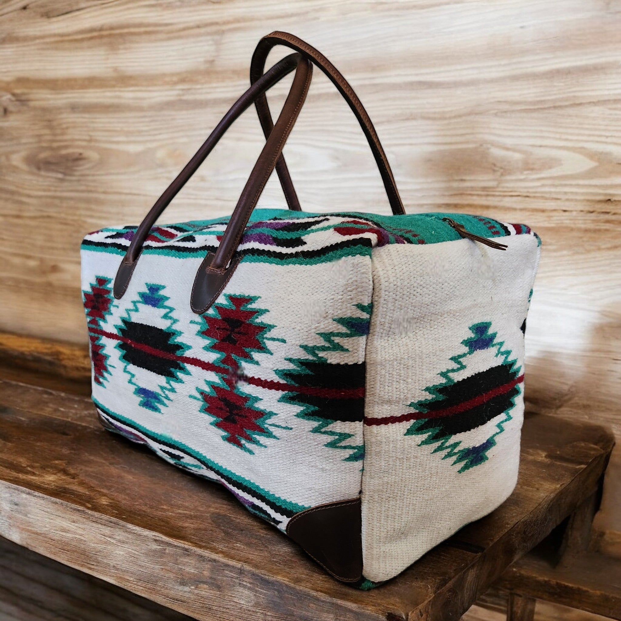 Boho Aztec Large Weekender Southwestern Duffel Bag Maren Saddle Blanket Bag 100% Leather Handles - Ranch Junkie Mercantile LLC