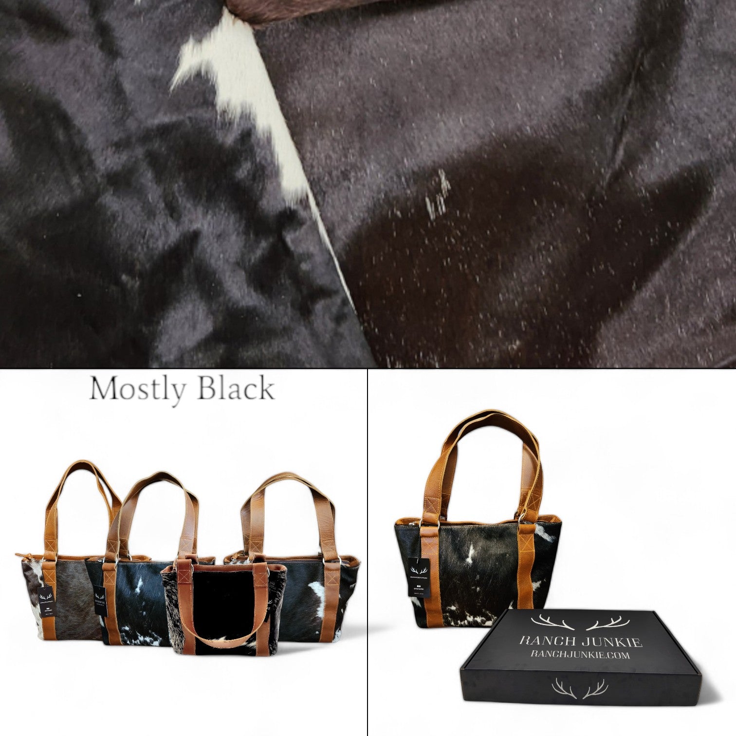 Bundle Deal Highlands Cowhide Tote Purse Black + Envelope Cowhide Large Wallet Black - Ranch Junkie Mercantile LLC