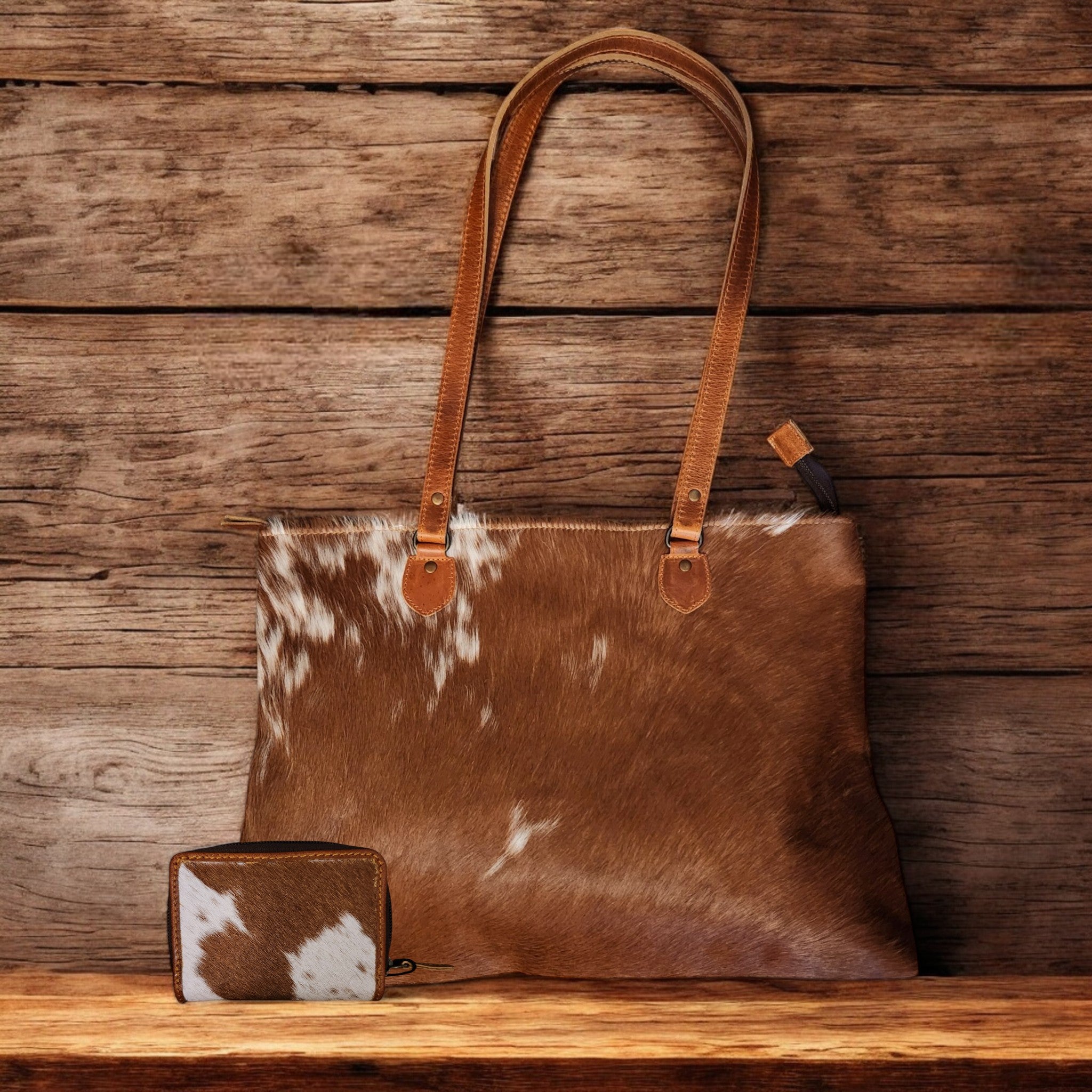 Bundle Deal Highlands Saddle Cowhide Large Tote + Credit Card Wallet - Ranch Junkie Mercantile LLC