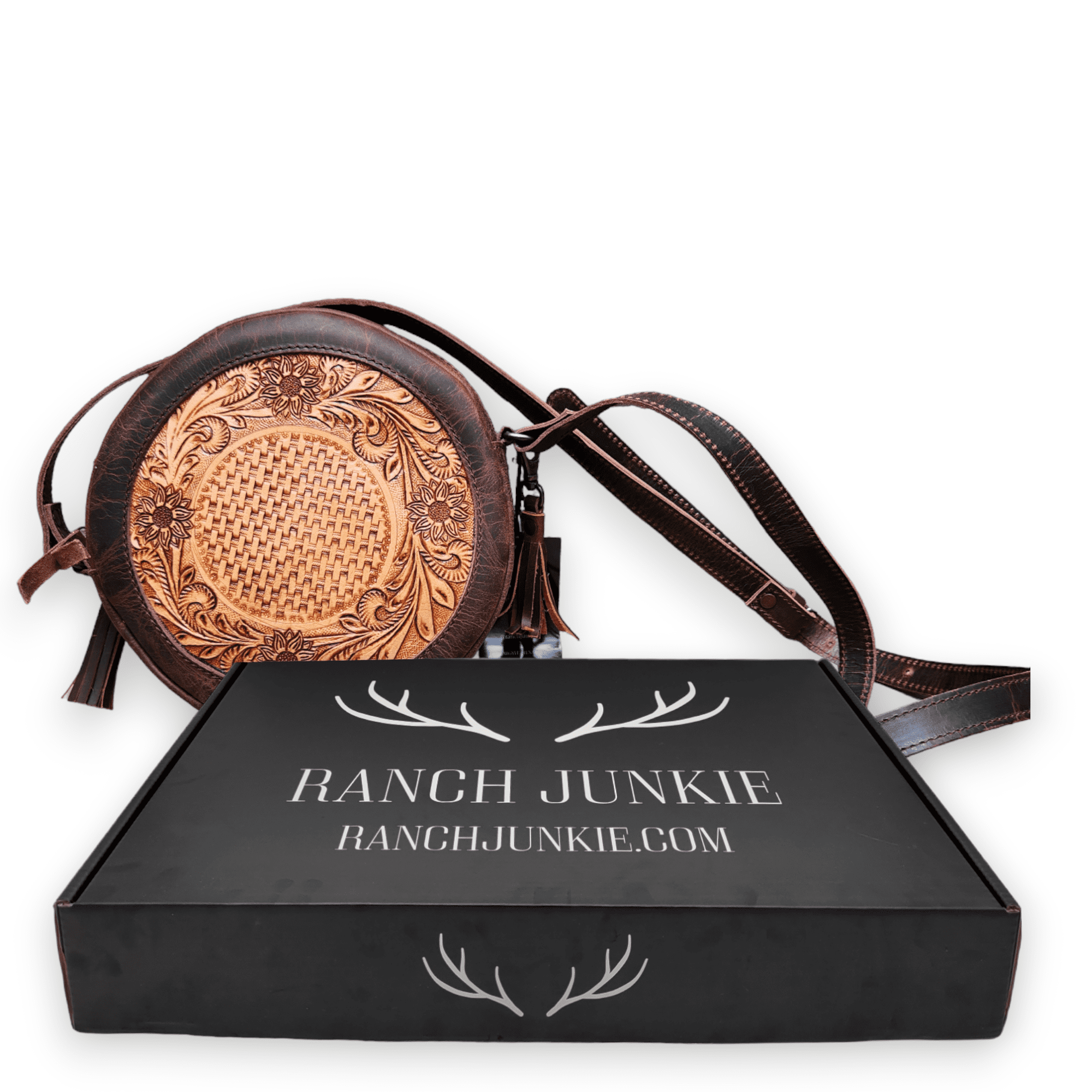 The Rancho Canteen Burnished Tan Hand-Tooled Leather Crossbody - Ranch Junkie Mercantile LLC