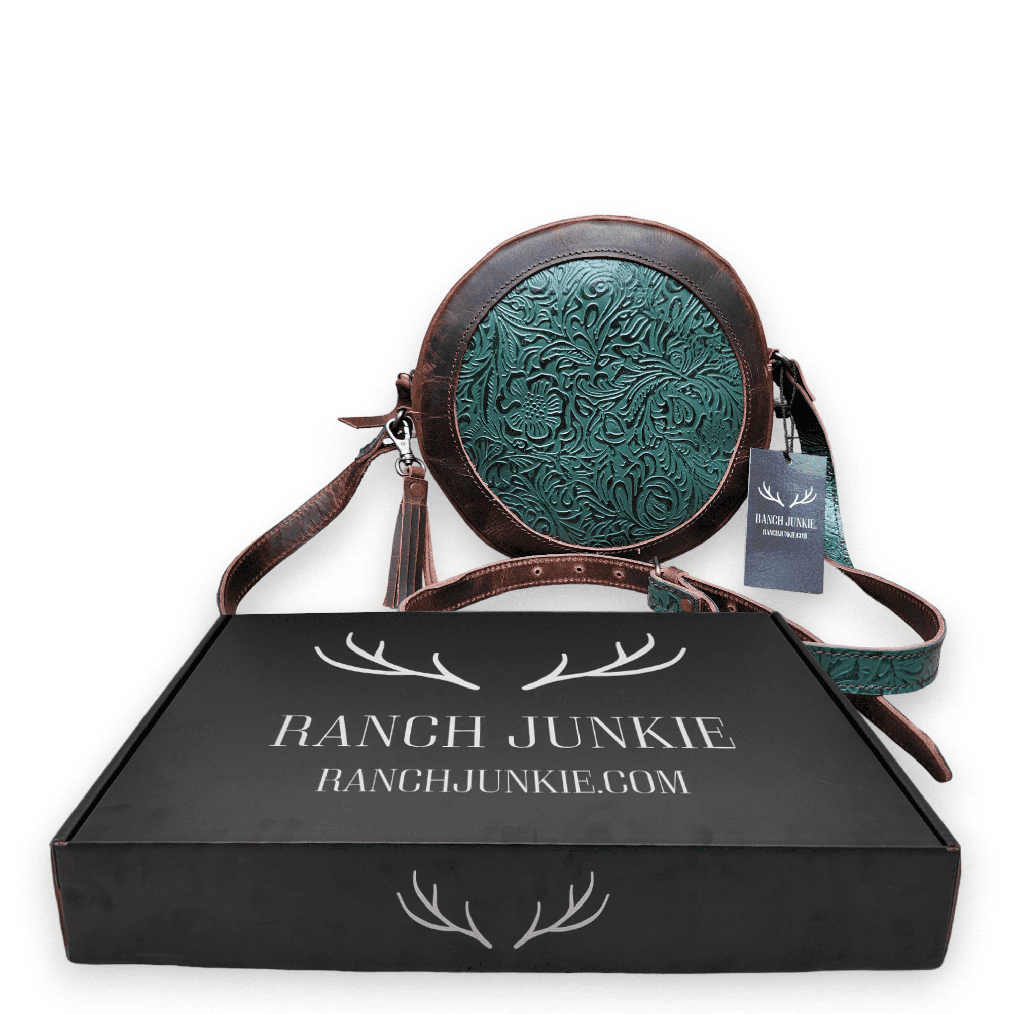 The Rancho Canteen Leather Turquoise Embossed Crossbody - Ranch Junkie Mercantile LLC