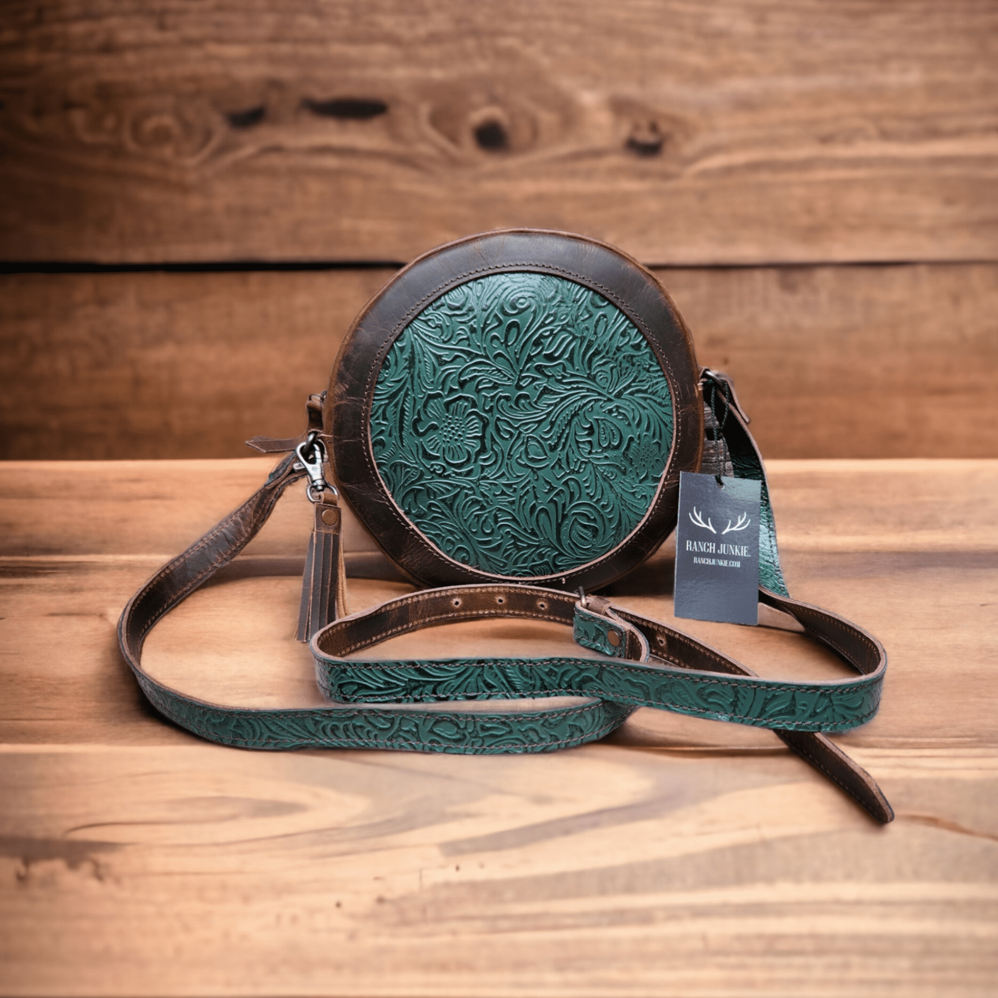 The Rancho Canteen Leather Turquoise Embossed Crossbody - Ranch Junkie Mercantile LLC