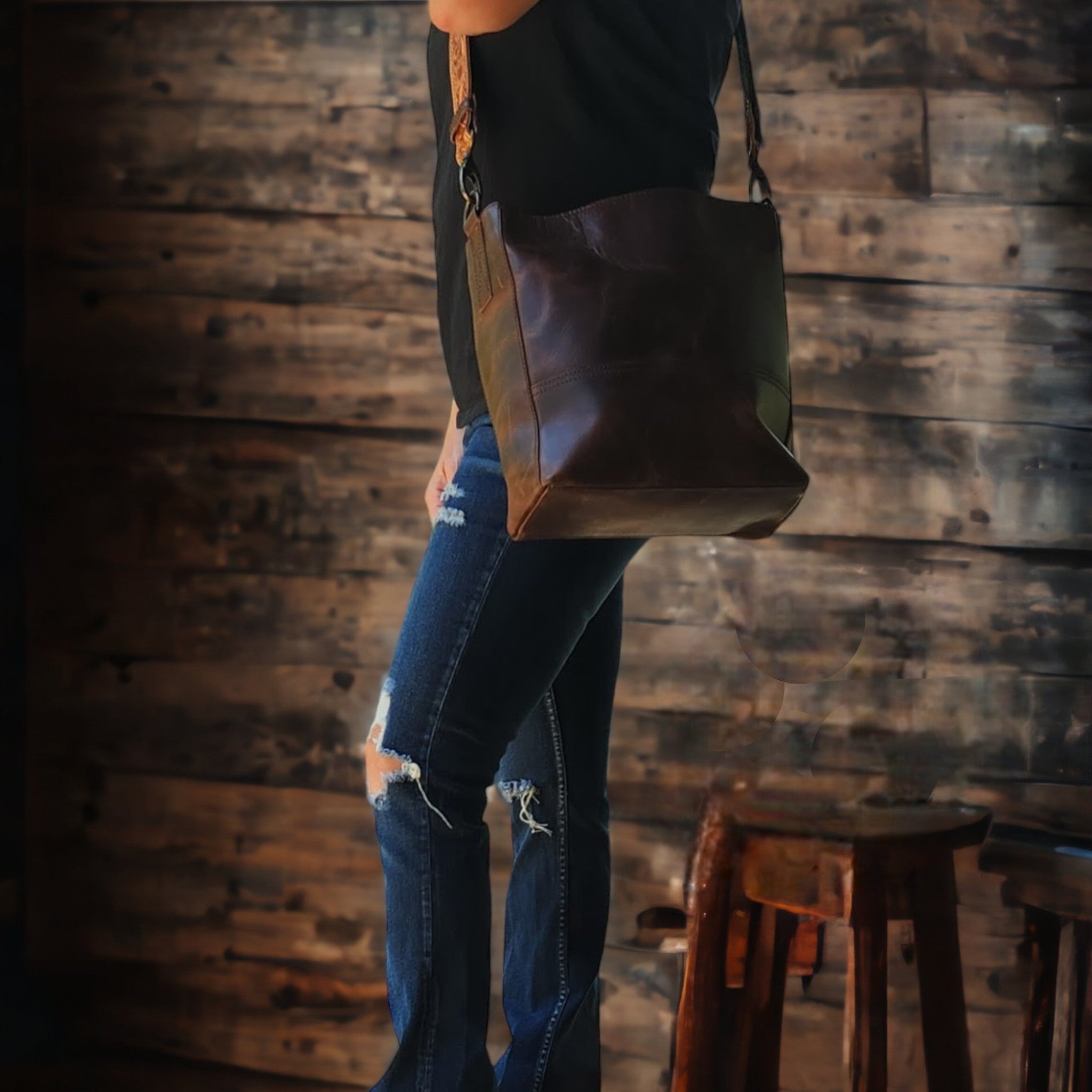 Rancho Detachable Belt Strap Bucket Purse Leather Handbag - Genuine Leather Purse - Ranch Junkie Mercantile LLC