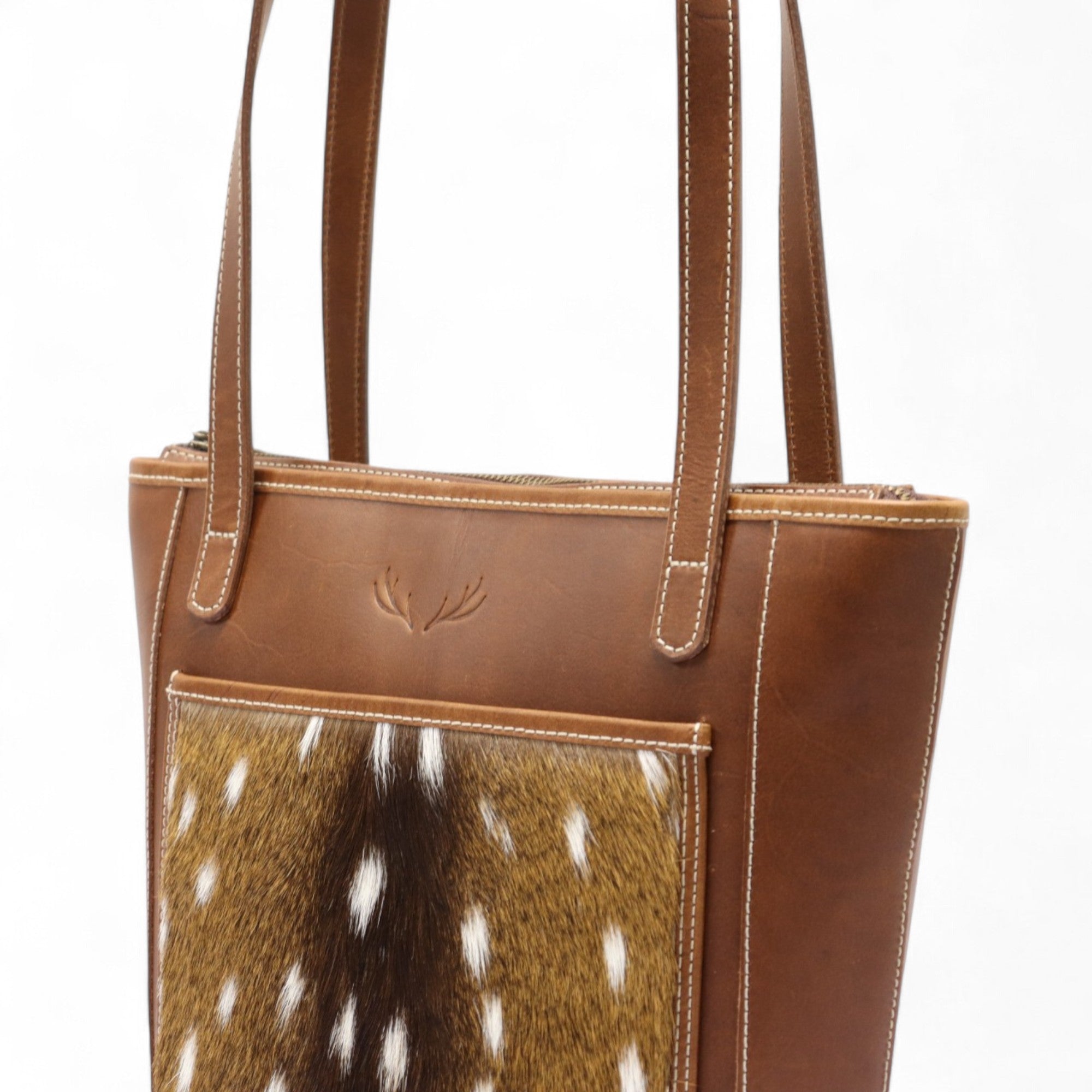 Salt Creek Ranch™ Genuine Axis Deer Tote – Handcrafted Full Grain Leather + Genuine Axis Hide - Ranch Junkie Mercantile LLC