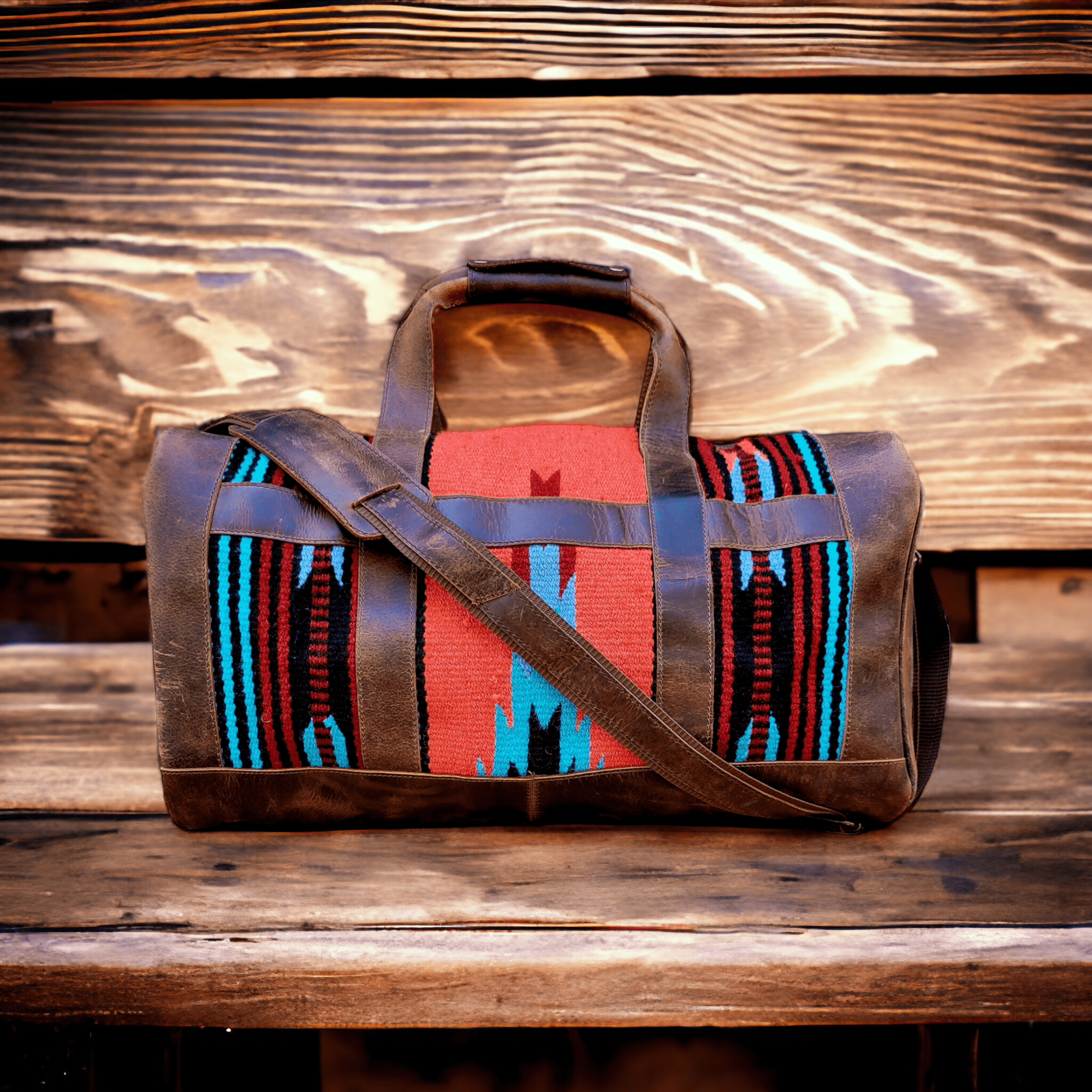 Southwestern Saddle Blanket Aztec Weekender Sedona Leather Duffel Bag - Ranch Junkie Mercantile LLC
