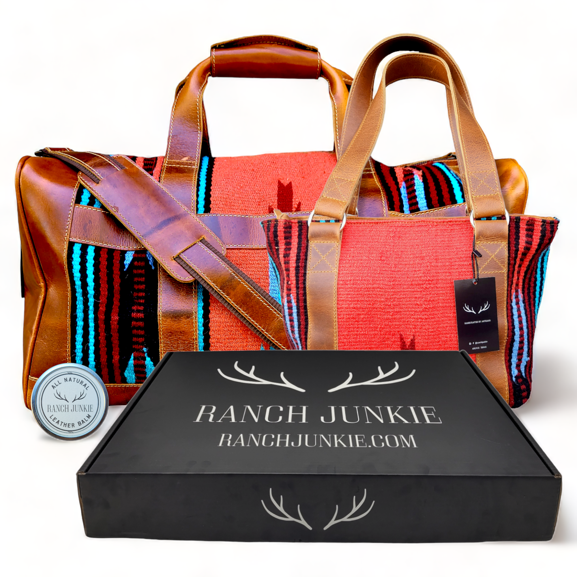 Bundle Deal-Sedona Southwestern Duffel Handwoven Wool And Leather Weekender + Sedona Handwoven Wool Western Tote Purse - Ranch Junkie Mercantile LLC