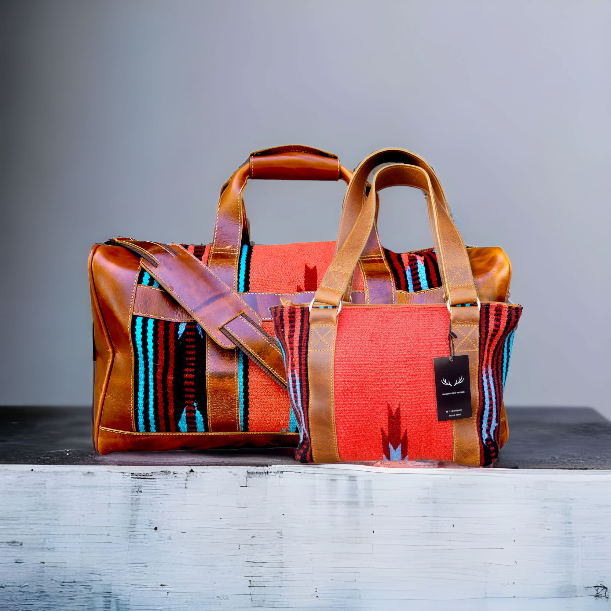 Bundle Deal-Sedona Southwestern Duffel Handwoven Wool And Leather Weekender + Sedona Handwoven Wool Western Tote Purse - Ranch Junkie Mercantile LLC