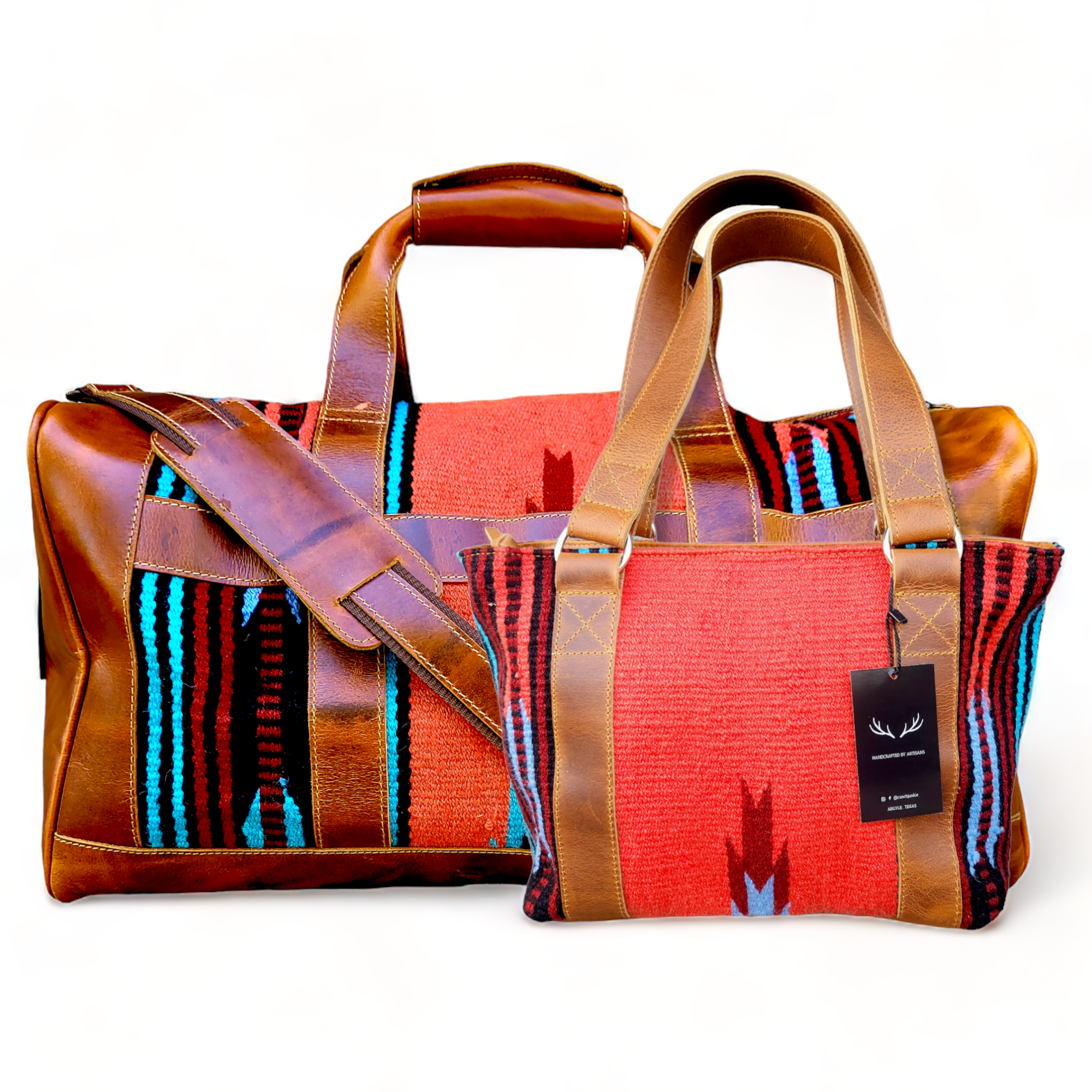 Bundle Deal-Sedona Southwestern Duffel Handwoven Wool And Leather Weekender + Sedona Handwoven Wool Western Tote Purse - Ranch Junkie Mercantile LLC