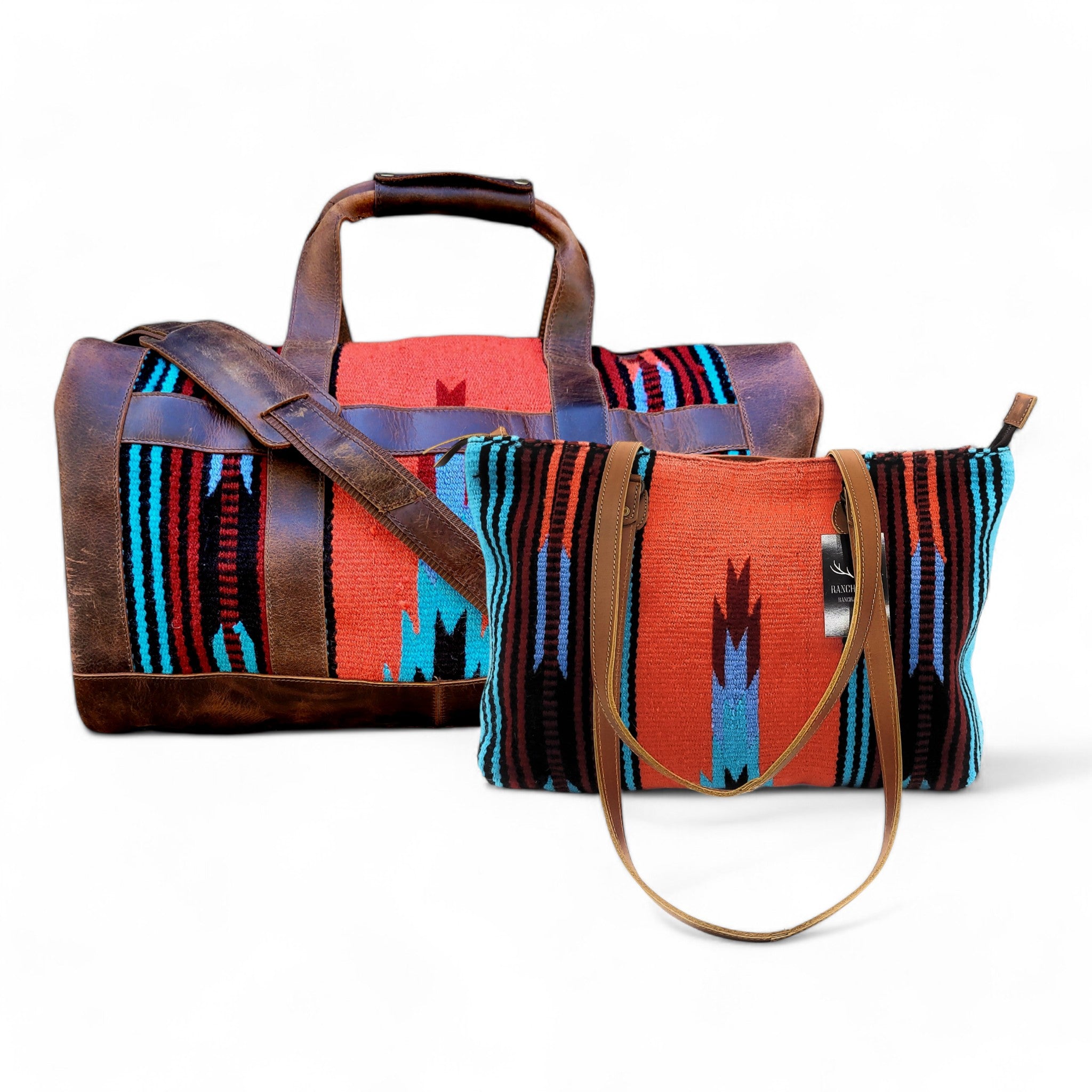 Bundle Deal The Sedona Southwestern Leather Aztec Weekender Duffel Bag+ Large Western Tote Bag - Ranch Junkie Mercantile LLC