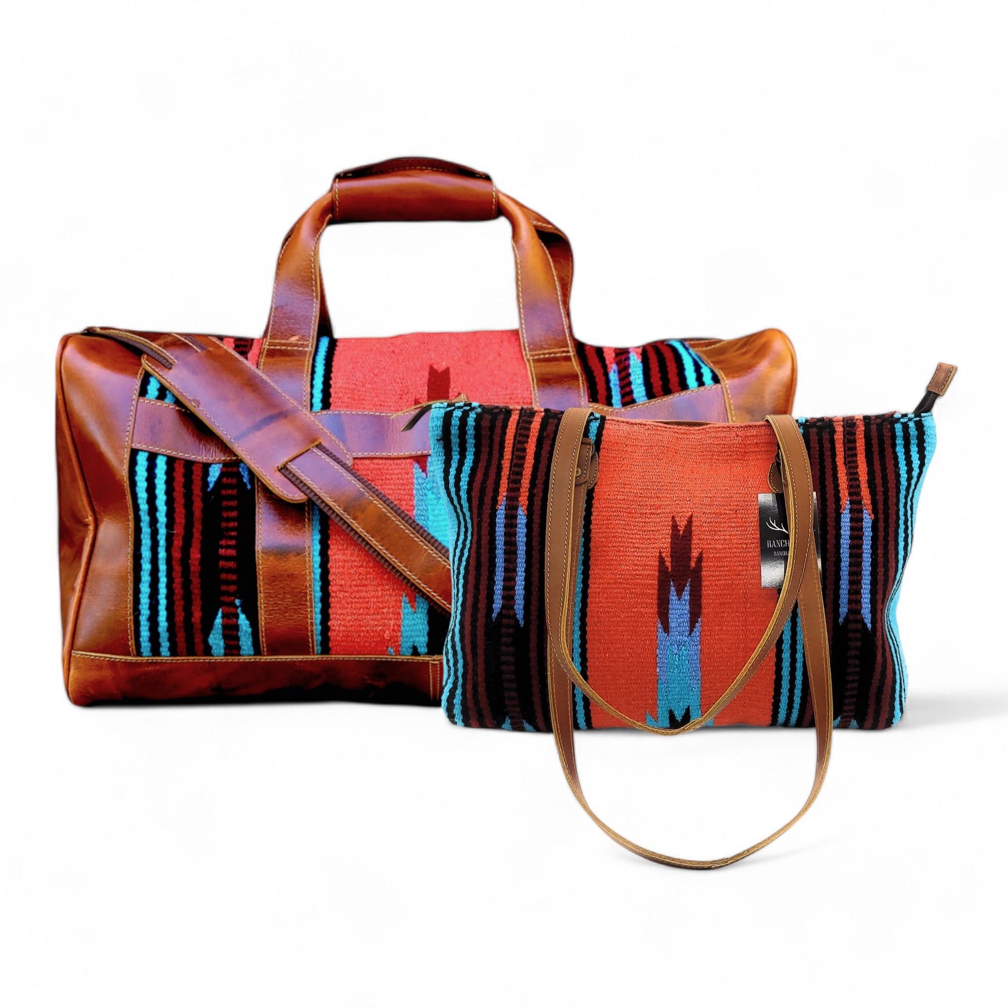 Bundle Deal The Sedona Southwestern Leather Aztec Weekender Duffel Bag+ Large Western Tote Bag - Ranch Junkie Mercantile LLC