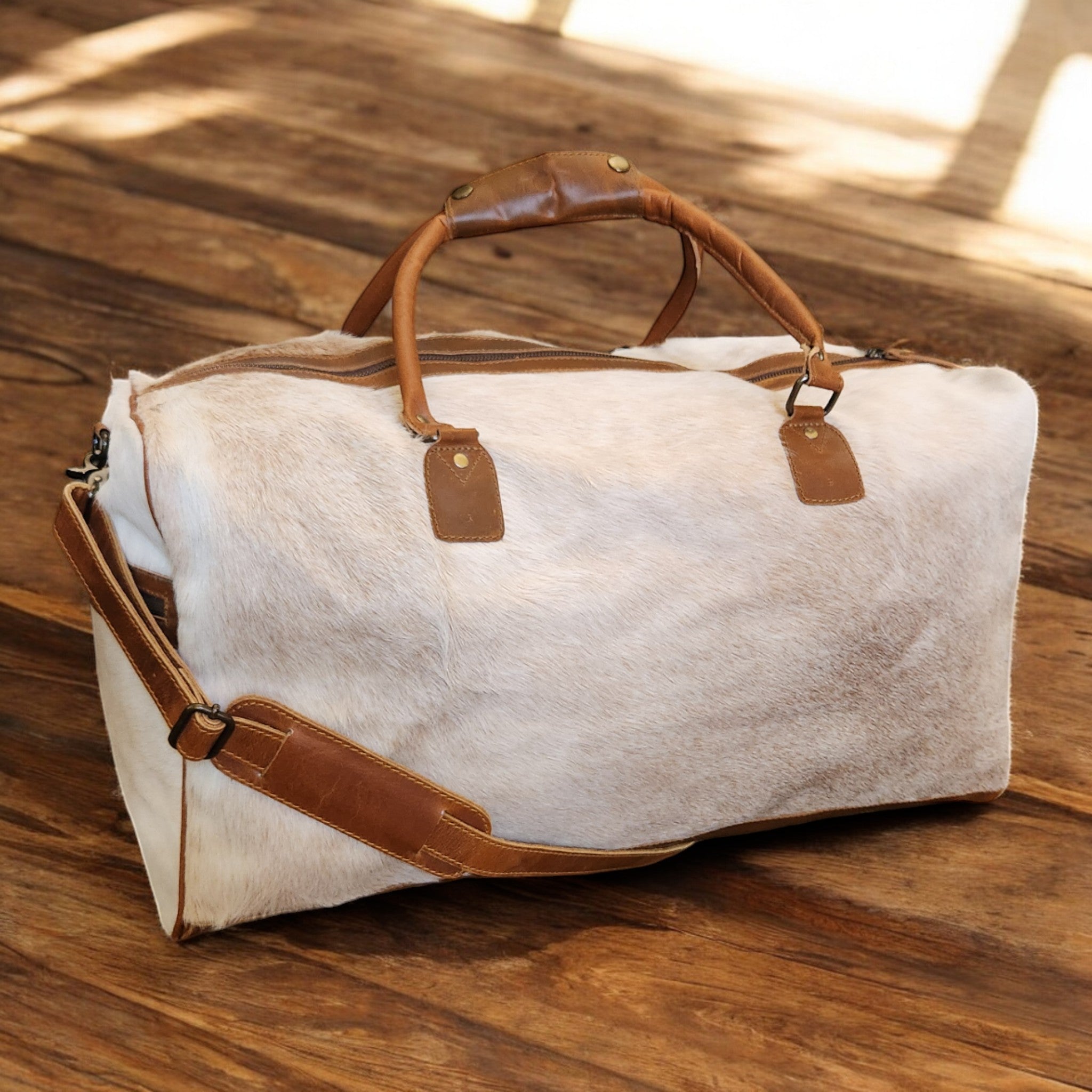 Bundle Deal Highlands Large Genuine Cowhide Weekender Duffel Bag + Cosmetic Pouch Highlands Cowhide Makeup Bag Toasted Marshmallow - Ranch Junkie Mercantile LLC