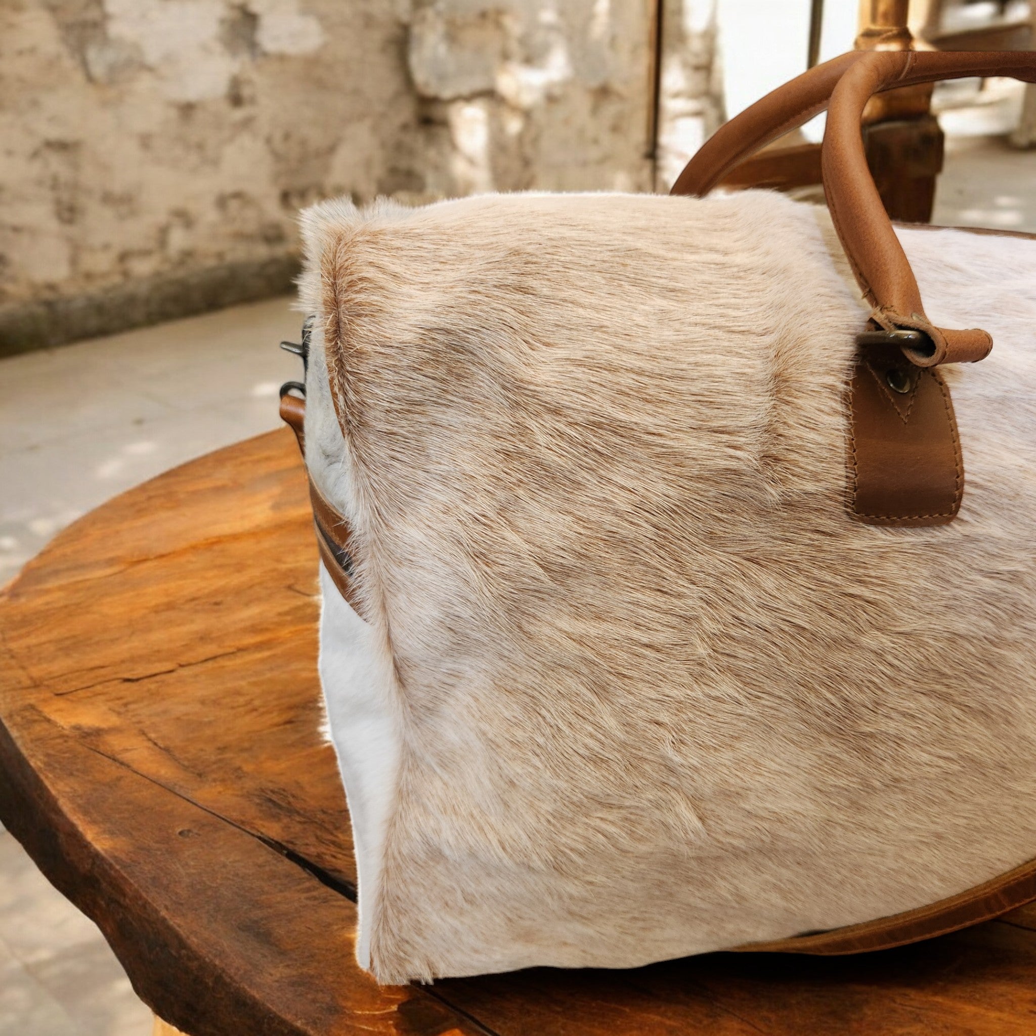 Bundle Deal Highlands Large Genuine Cowhide Weekender Duffel Bag + Cosmetic Pouch Highlands Cowhide Makeup Bag Toasted Marshmallow - Ranch Junkie Mercantile LLC