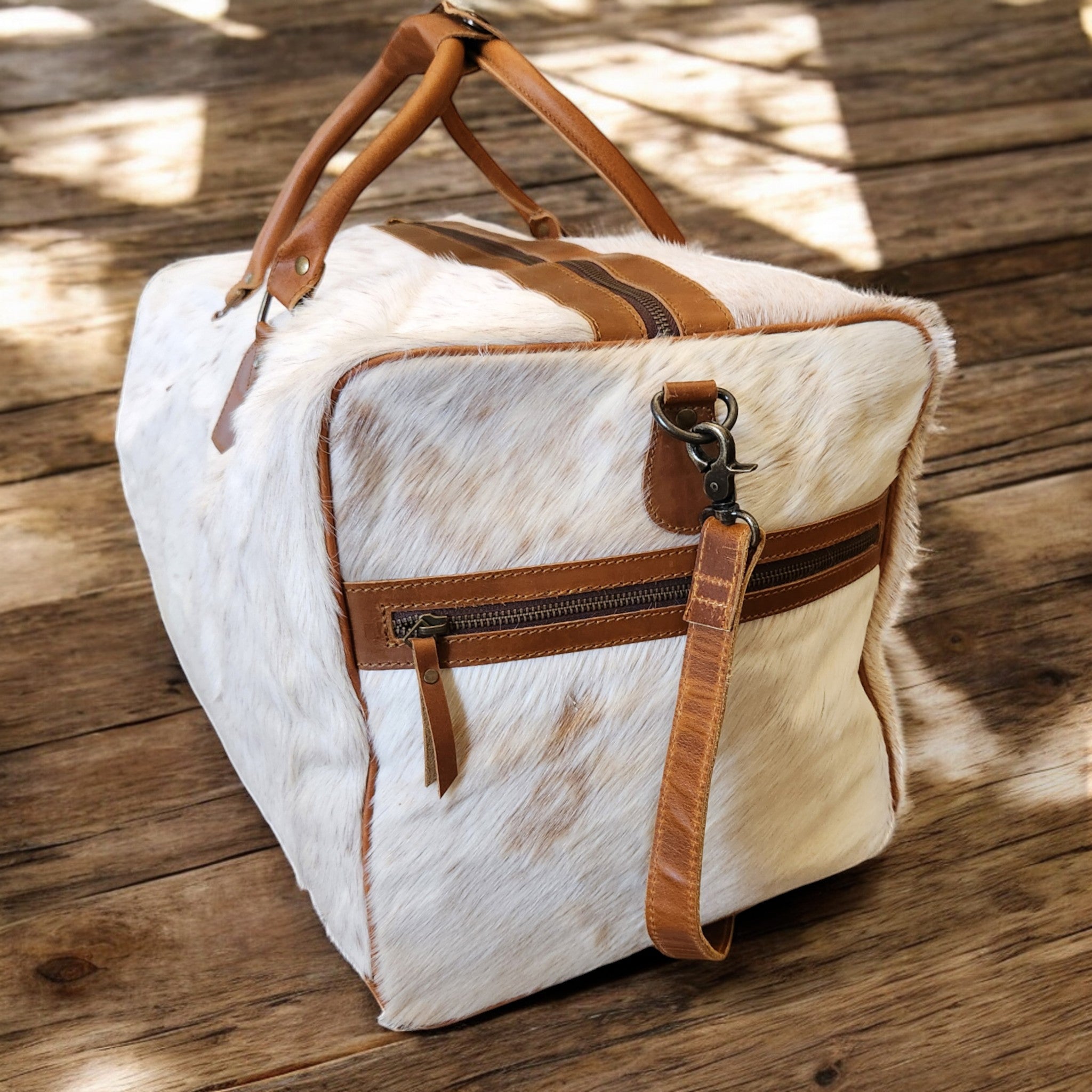 Bundle Deal Highlands Large Genuine Cowhide Weekender Duffel Bag + Cosmetic Pouch Highlands Cowhide Makeup Bag Toasted Marshmallow - Ranch Junkie Mercantile LLC