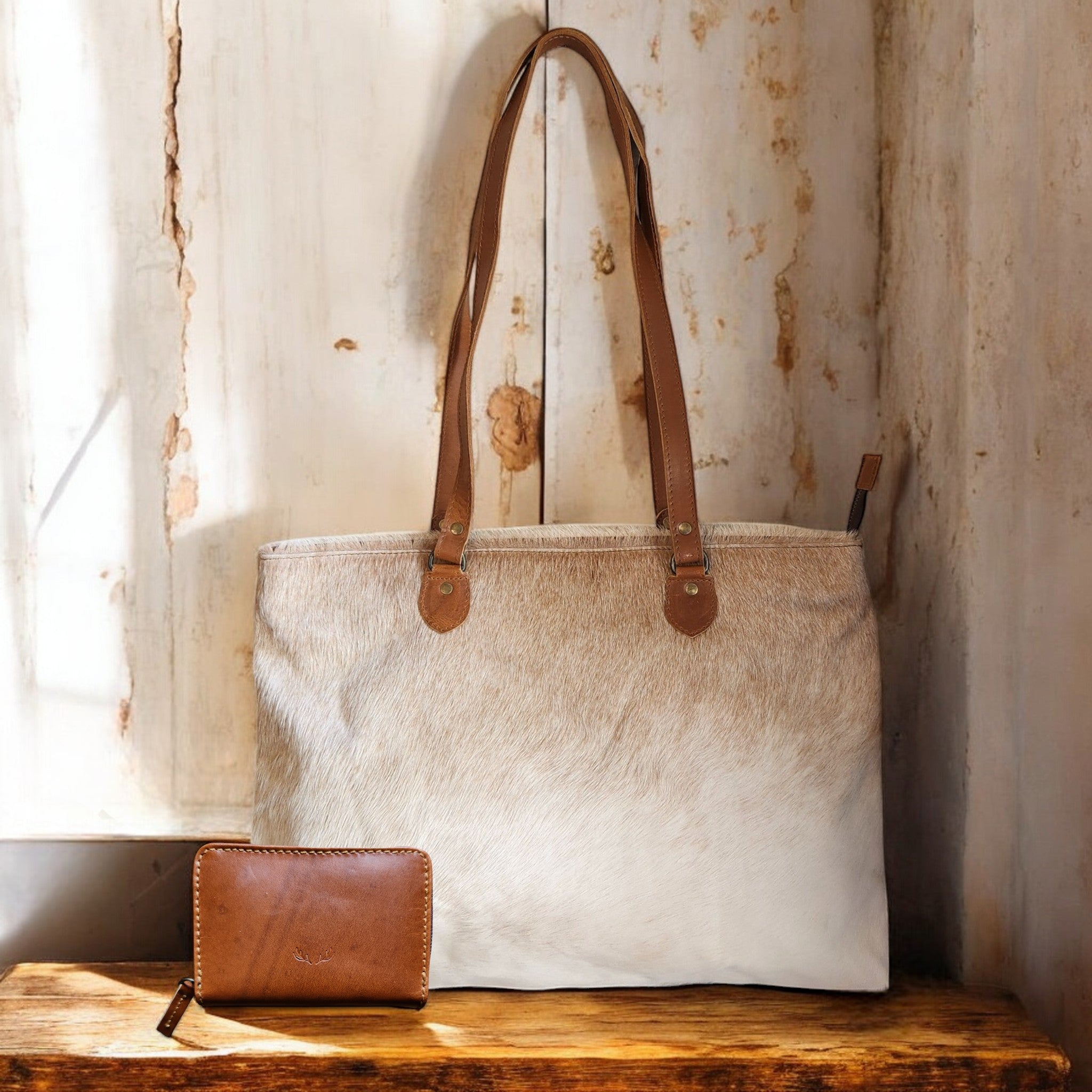 Bundle Deal Highlands Saddle Cowhide Large Tote + Credit Card Wallet - Ranch Junkie Mercantile LLC