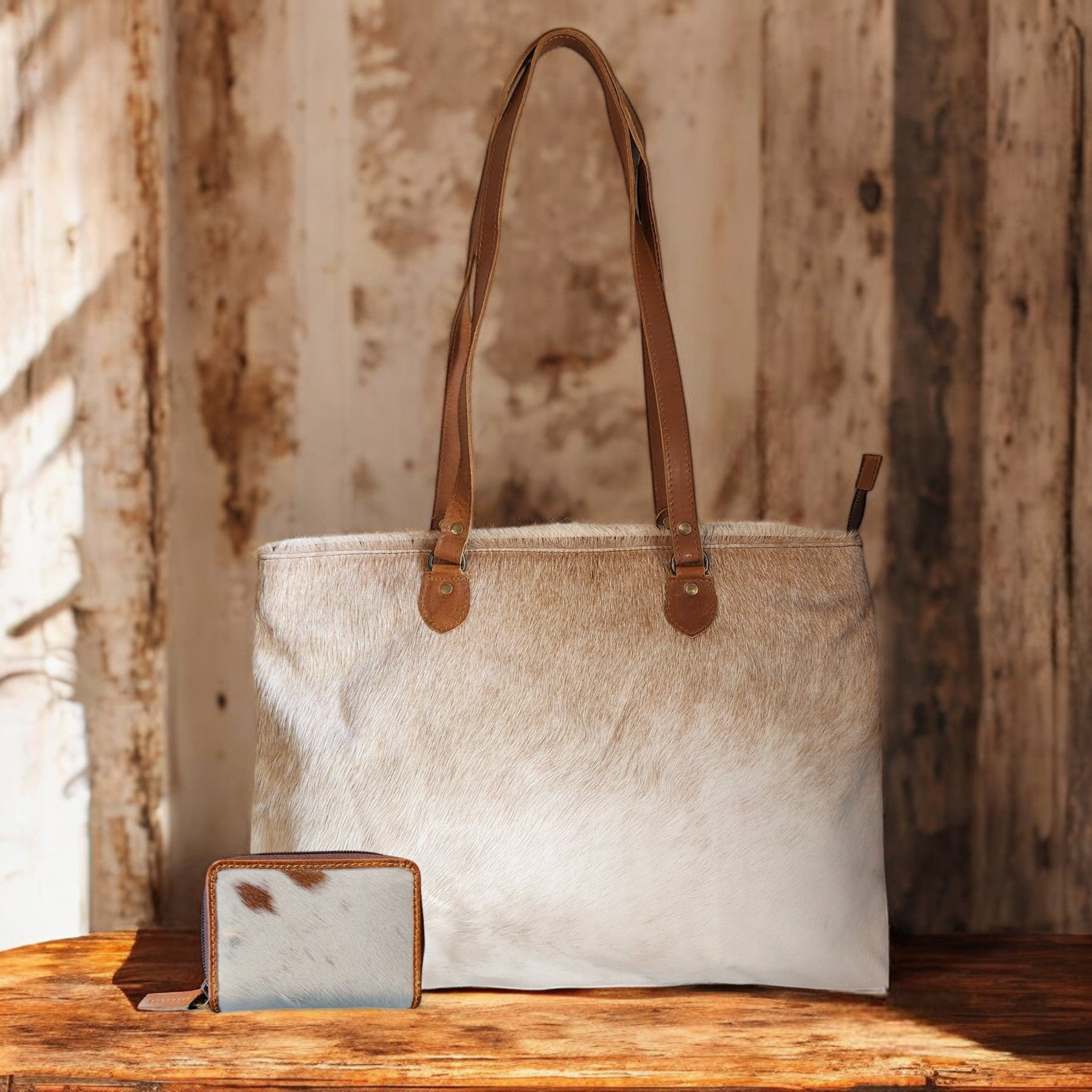 Bundle Deal Highlands Saddle Cowhide Large Tote + Credit Card Wallet - Ranch Junkie Mercantile LLC