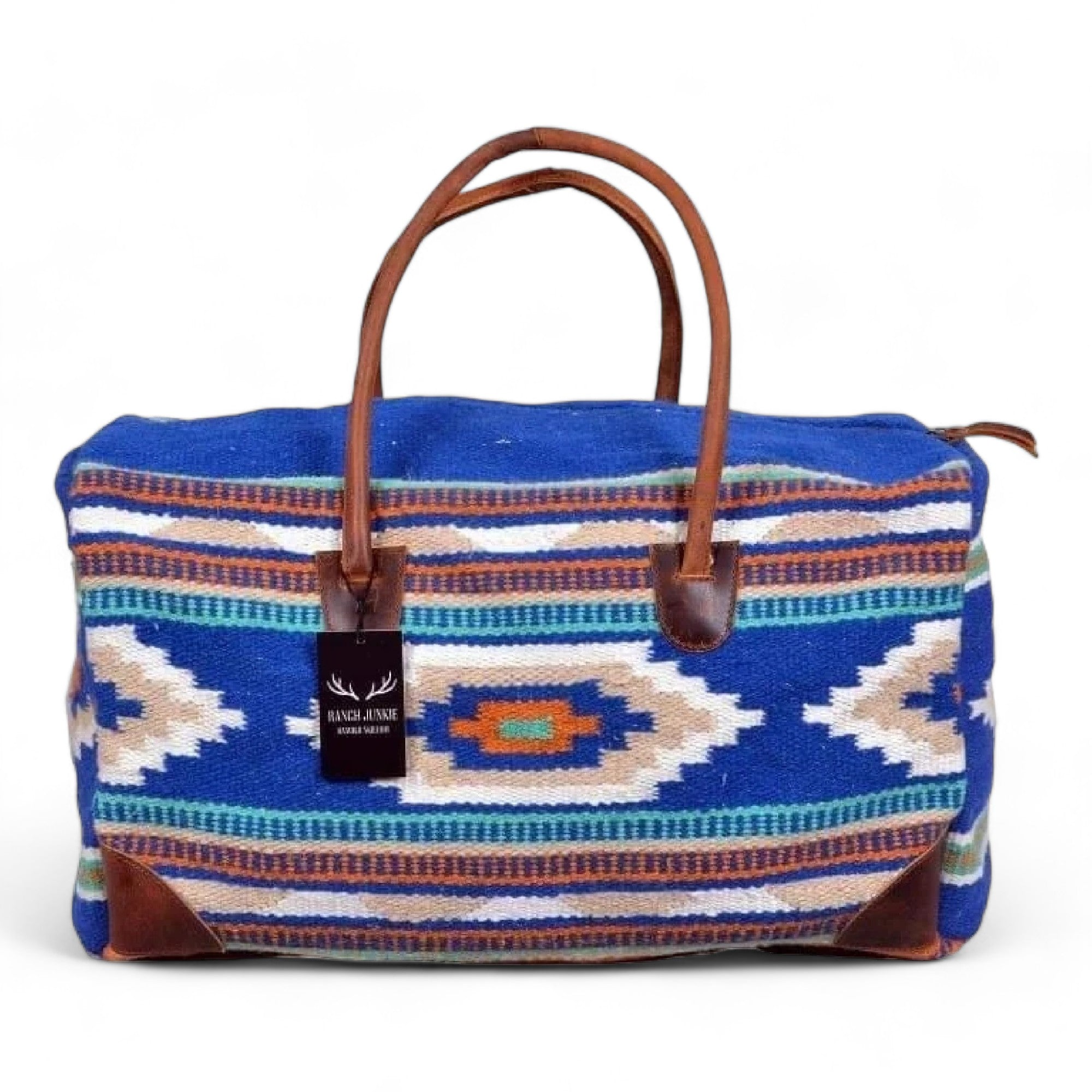 Boho Aztec Large Weekender Southwestern Duffel Bag Dakota Saddle Blanket Bag 100% Leather Handles - Ranch Junkie Mercantile LLC