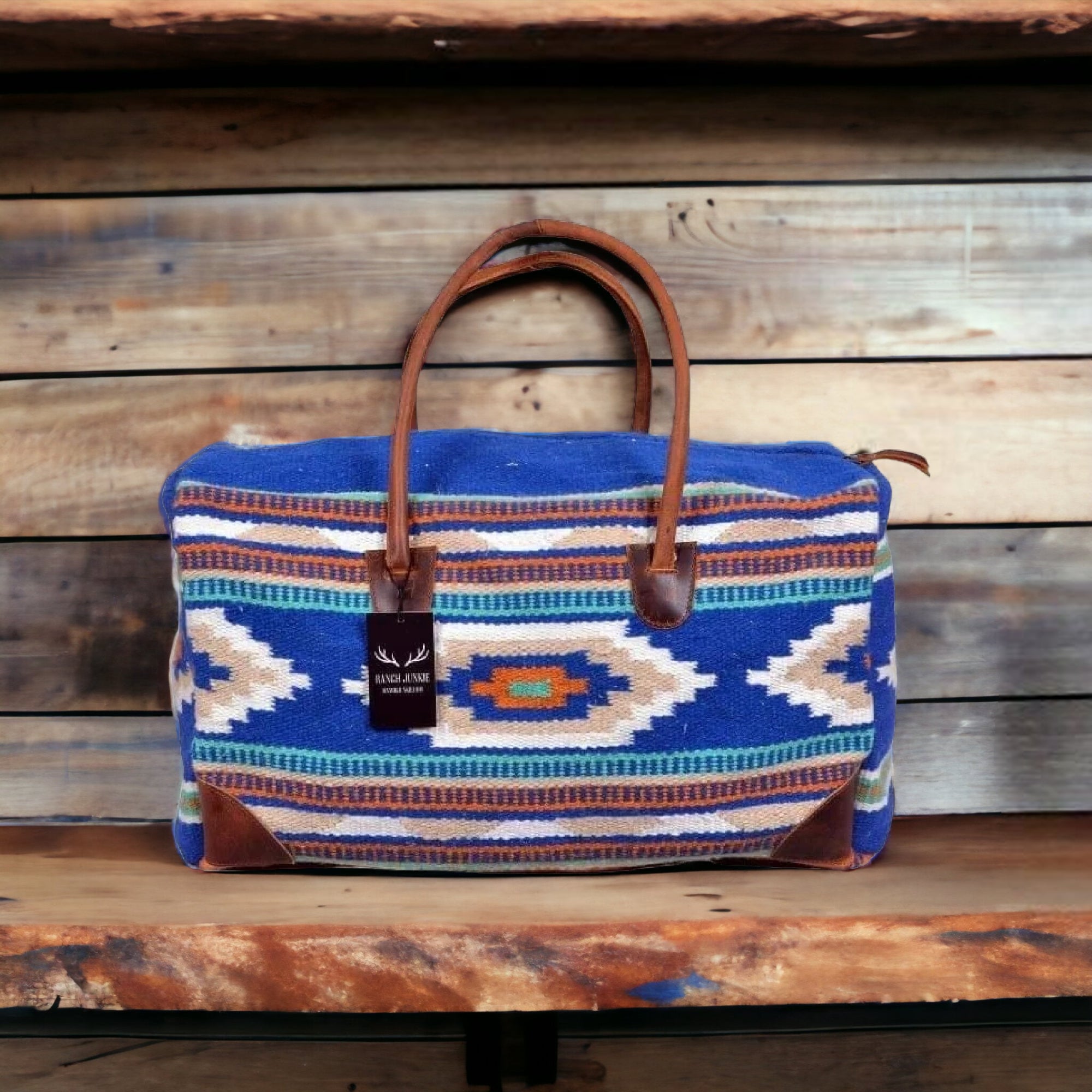Boho Aztec Large Weekender Southwestern Duffel Bag Dakota Saddle Blanket Bag 100% Leather Handles - Ranch Junkie Mercantile LLC