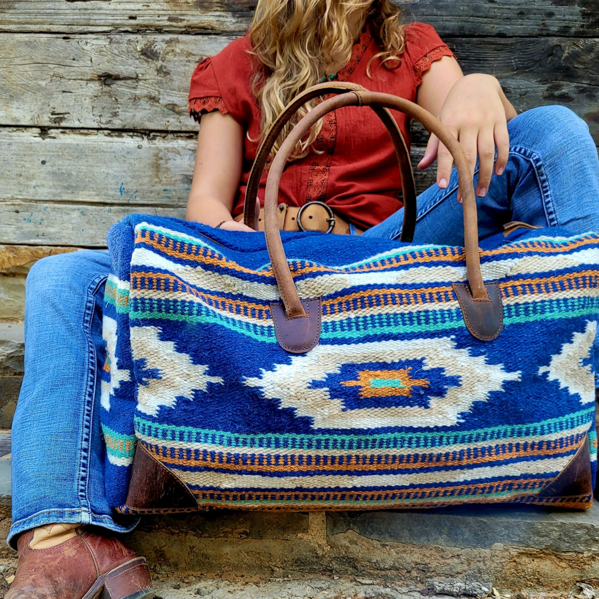 Boho Aztec Large Weekender Southwestern Duffel Bag Dakota Saddle Blanket Bag 100% Leather Handles