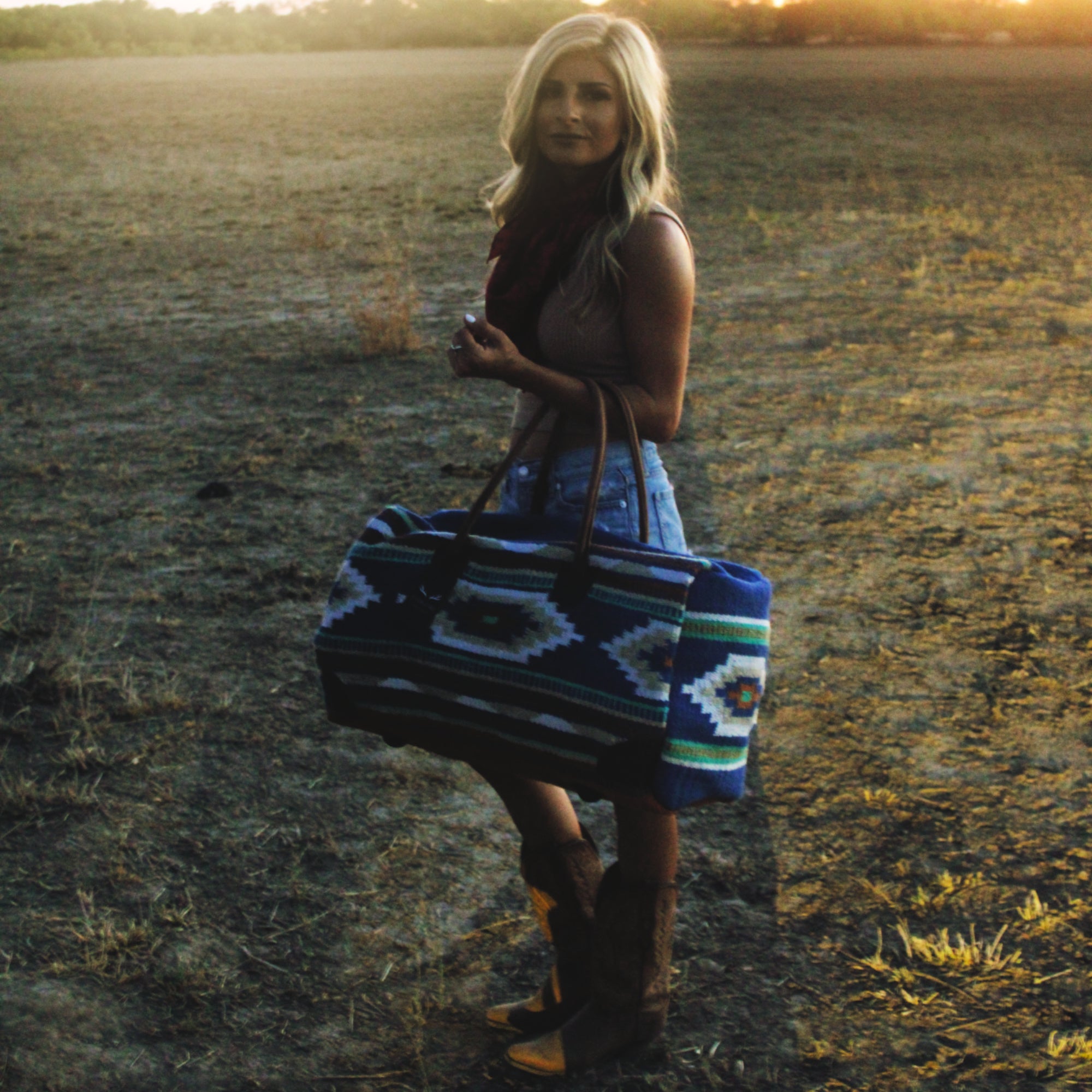 Boho Aztec Large Weekender Southwestern Duffel Bag Dakota Saddle Blanket Bag 100% Leather Handles - Ranch Junkie Mercantile LLC