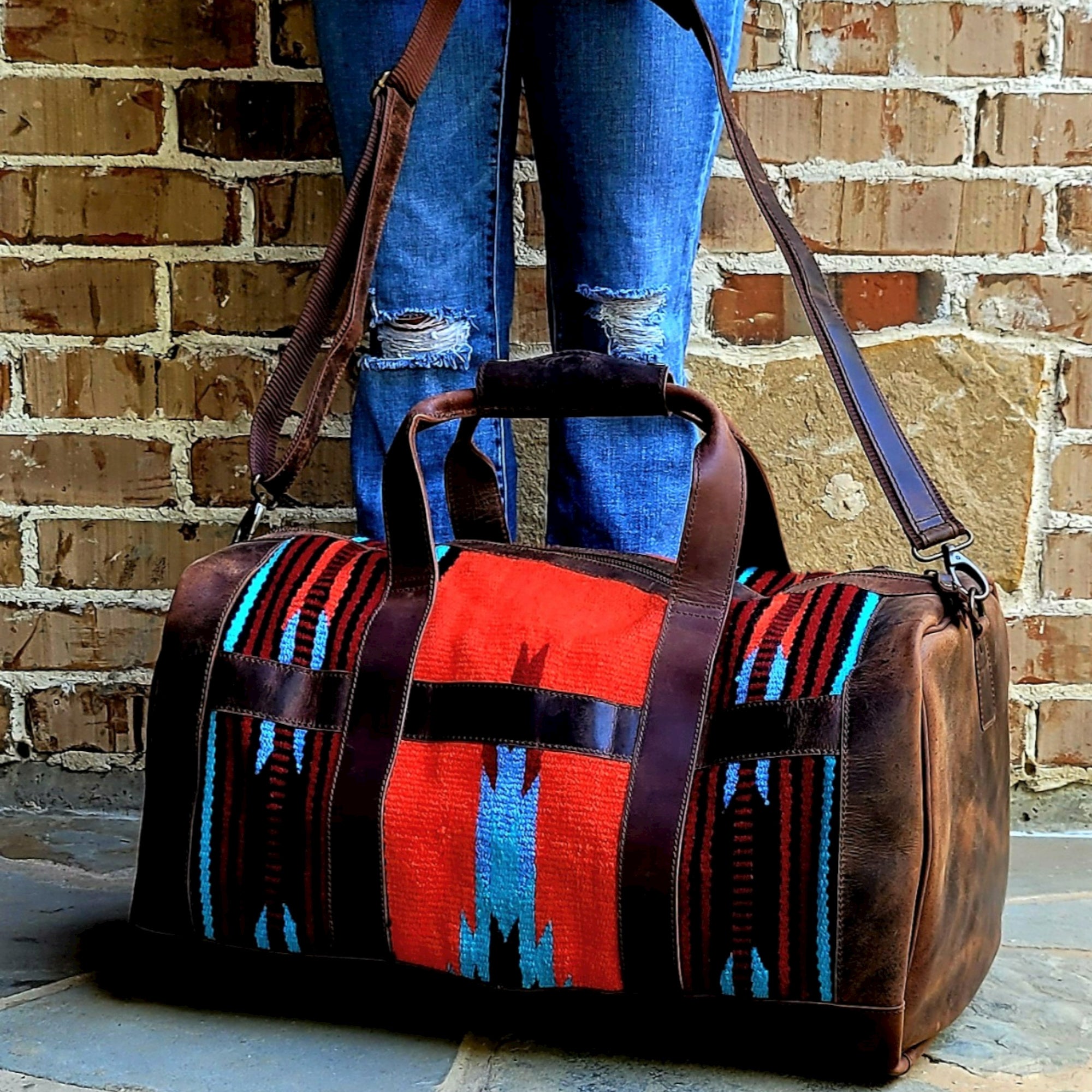 Bundle Deal The Sedona Southwestern Leather Aztec Weekender Duffel Bag+ Large Western Tote Bag - Ranch Junkie Mercantile LLC