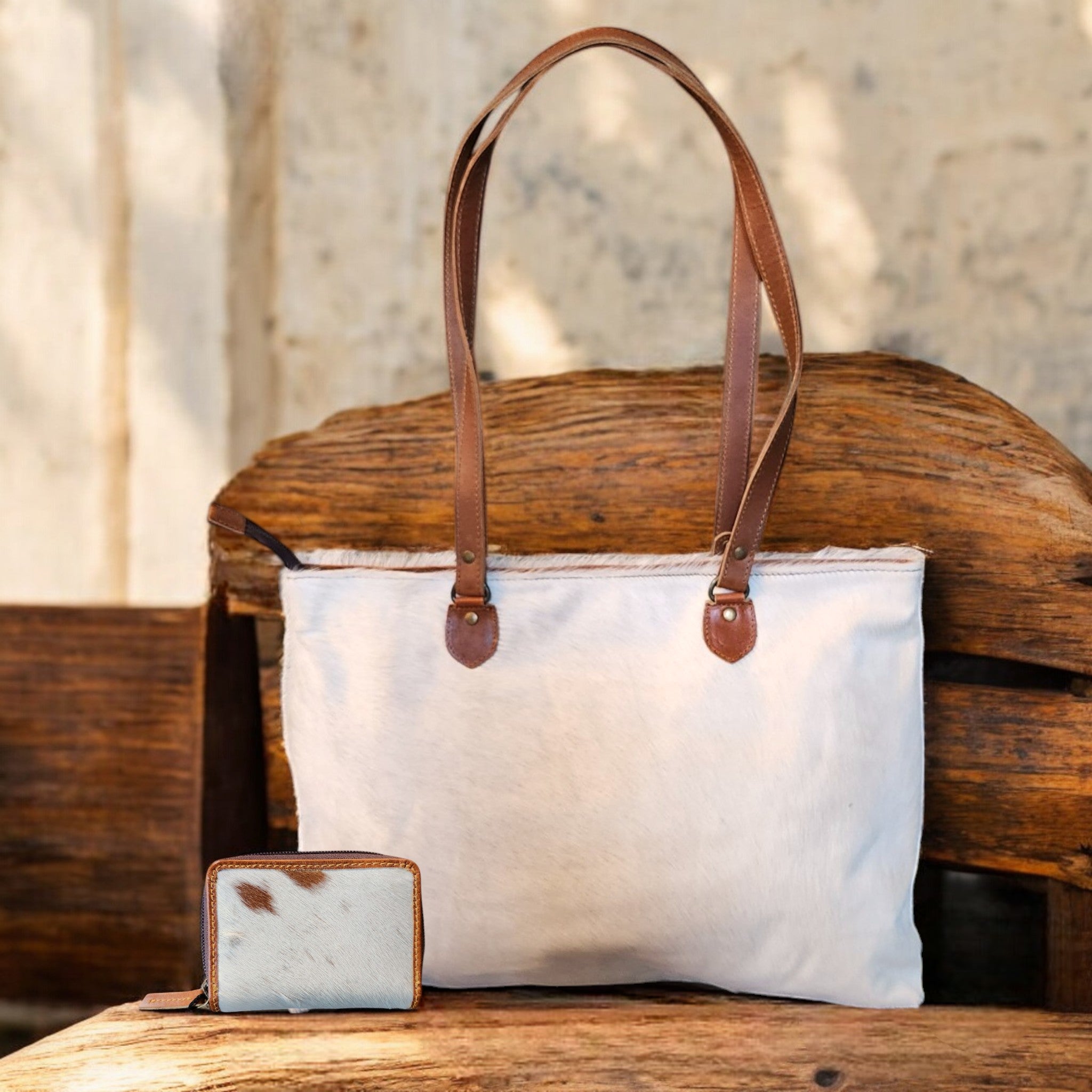 Bundle Deal Highlands Saddle Cowhide Large Tote + Credit Card Wallet - Ranch Junkie Mercantile LLC
