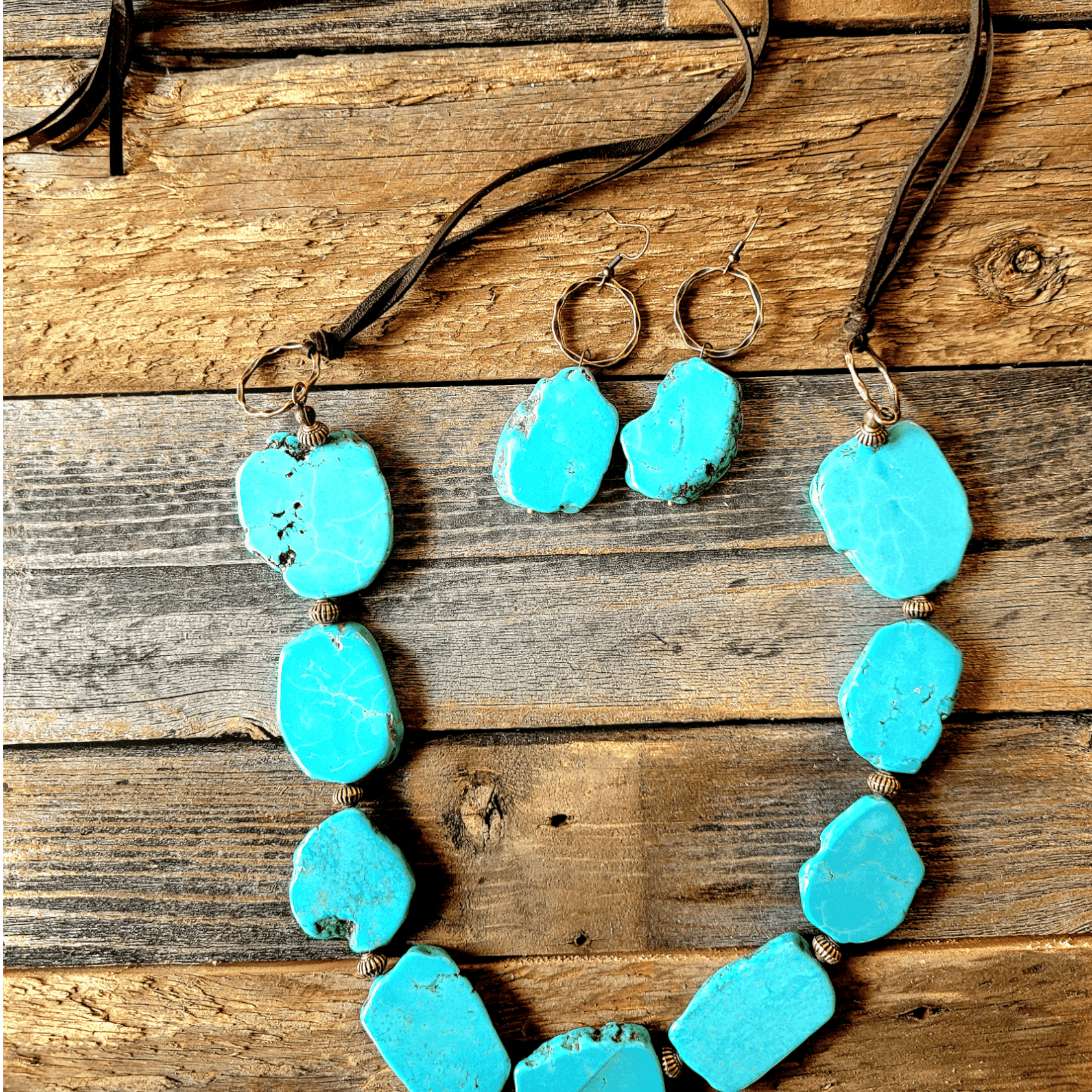 Bundle Deal-Blue Turquoise Slab Necklace + Blue Turquoise Slab Earrings + Leather Cuff - Ranch Junkie Mercantile LLC