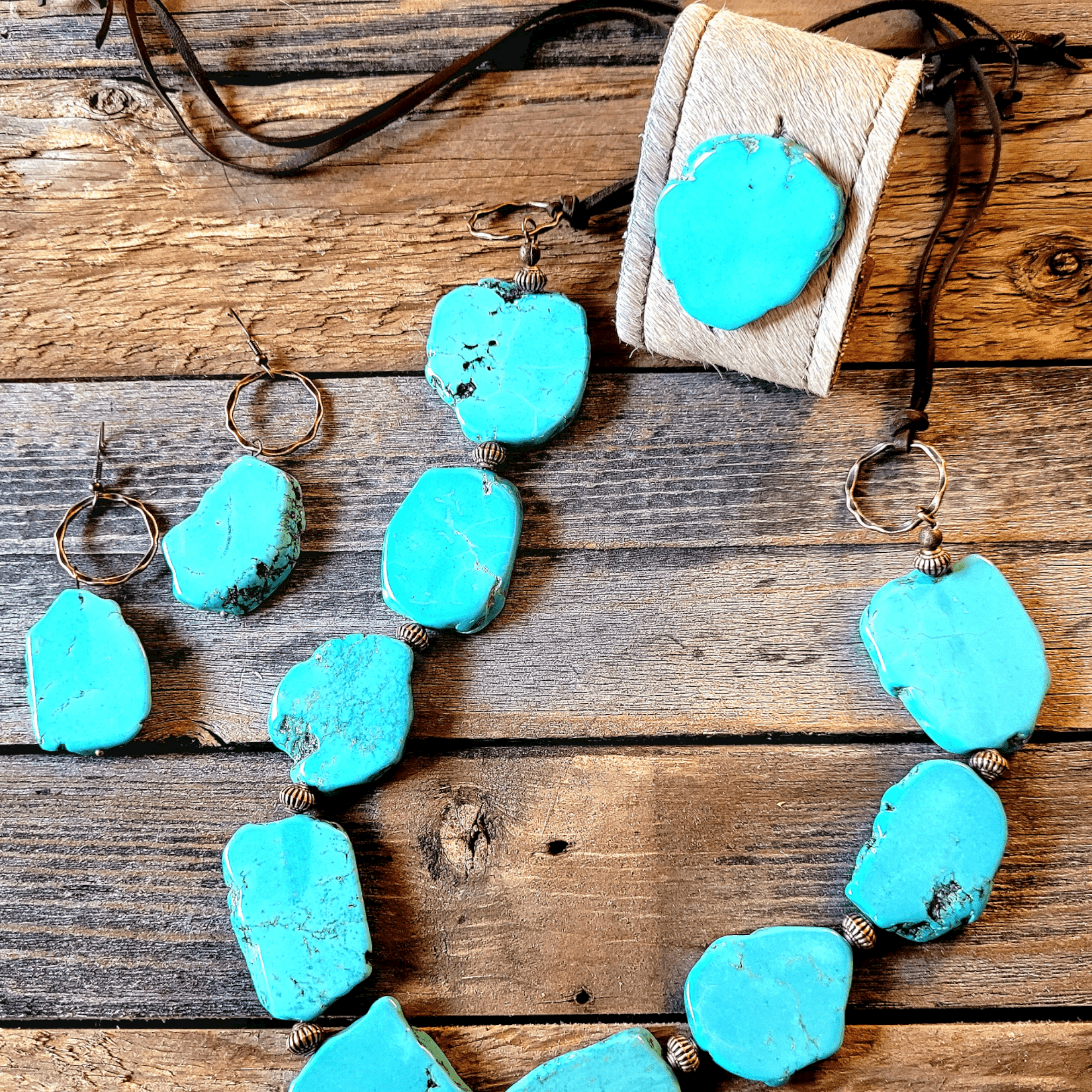 Bundle Deal-Blue Turquoise Slab Necklace + Blue Turquoise Slab Earrings + Leather Cuff - Ranch Junkie Mercantile LLC