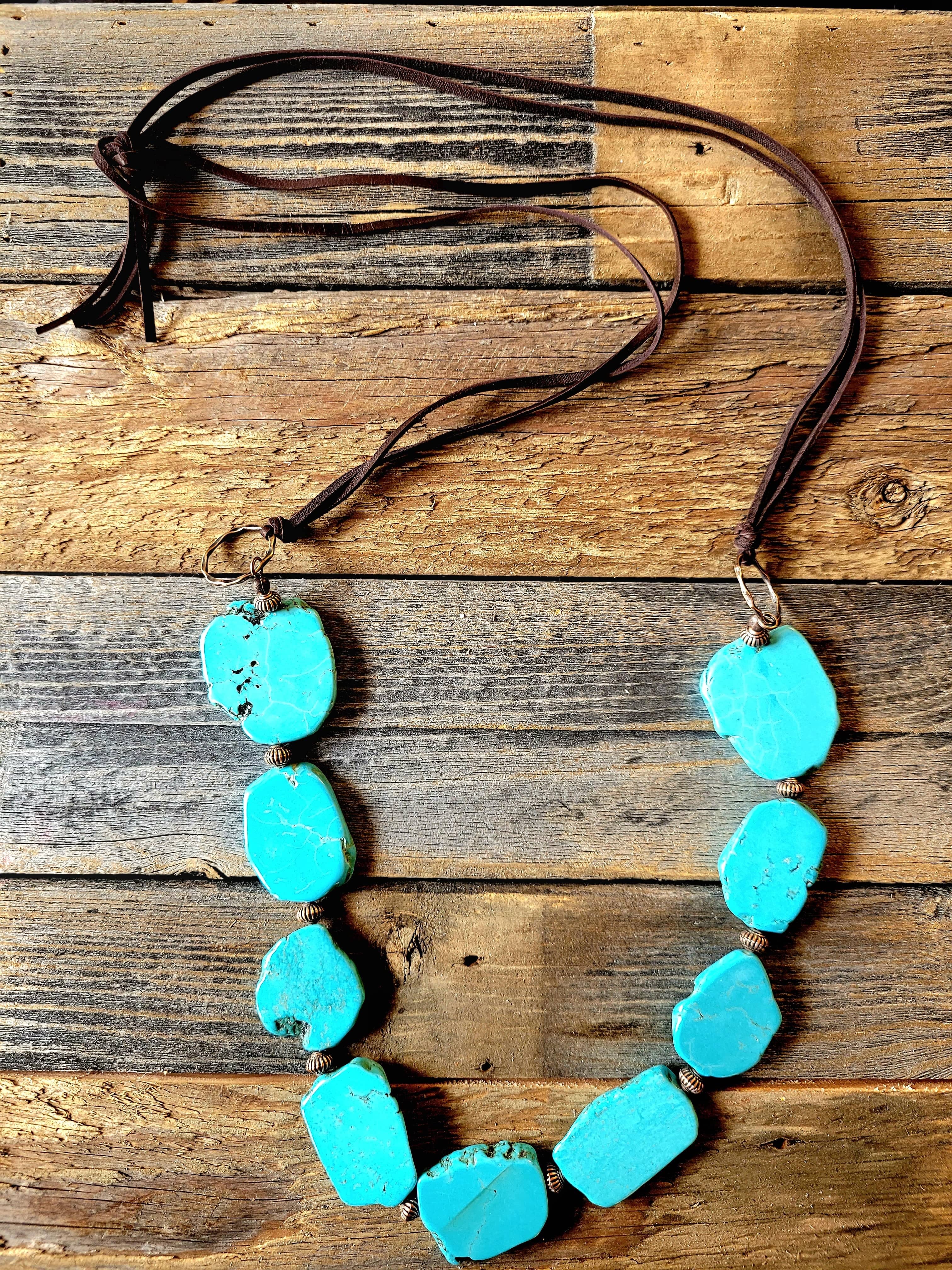 Bundle Deal-Blue Turquoise Slab Necklace + Blue Turquoise Slab Earrings + Leather Cuff - Ranch Junkie Mercantile LLC