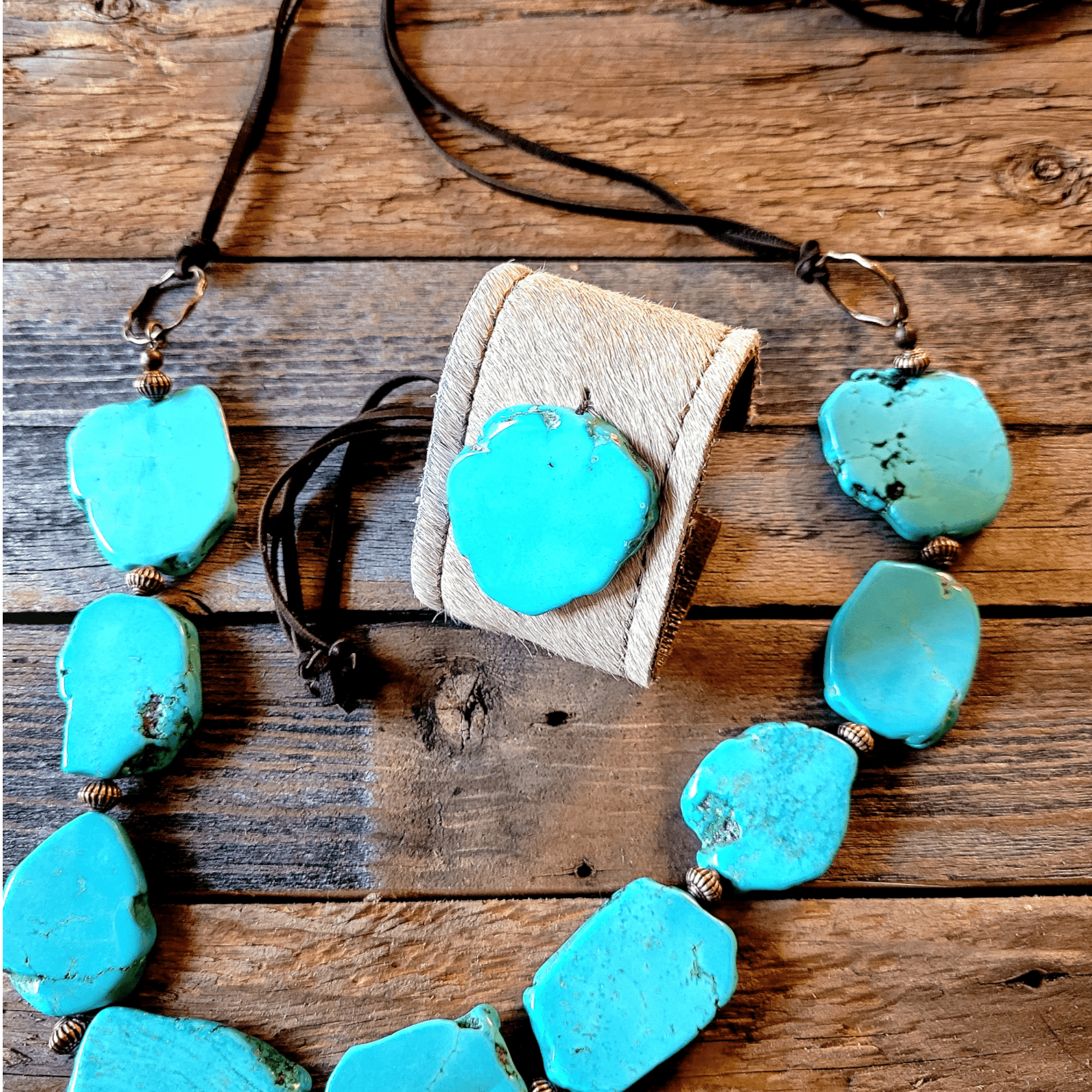 Bundle Deal-Blue Turquoise Slab Necklace + Blue Turquoise Slab Earrings + Leather Cuff - Ranch Junkie Mercantile LLC