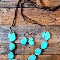 Bundle Deal-Blue Turquoise Slab Necklace + Blue Turquoise Slab Earrings + Leather Cuff - Ranch Junkie Mercantile LLC