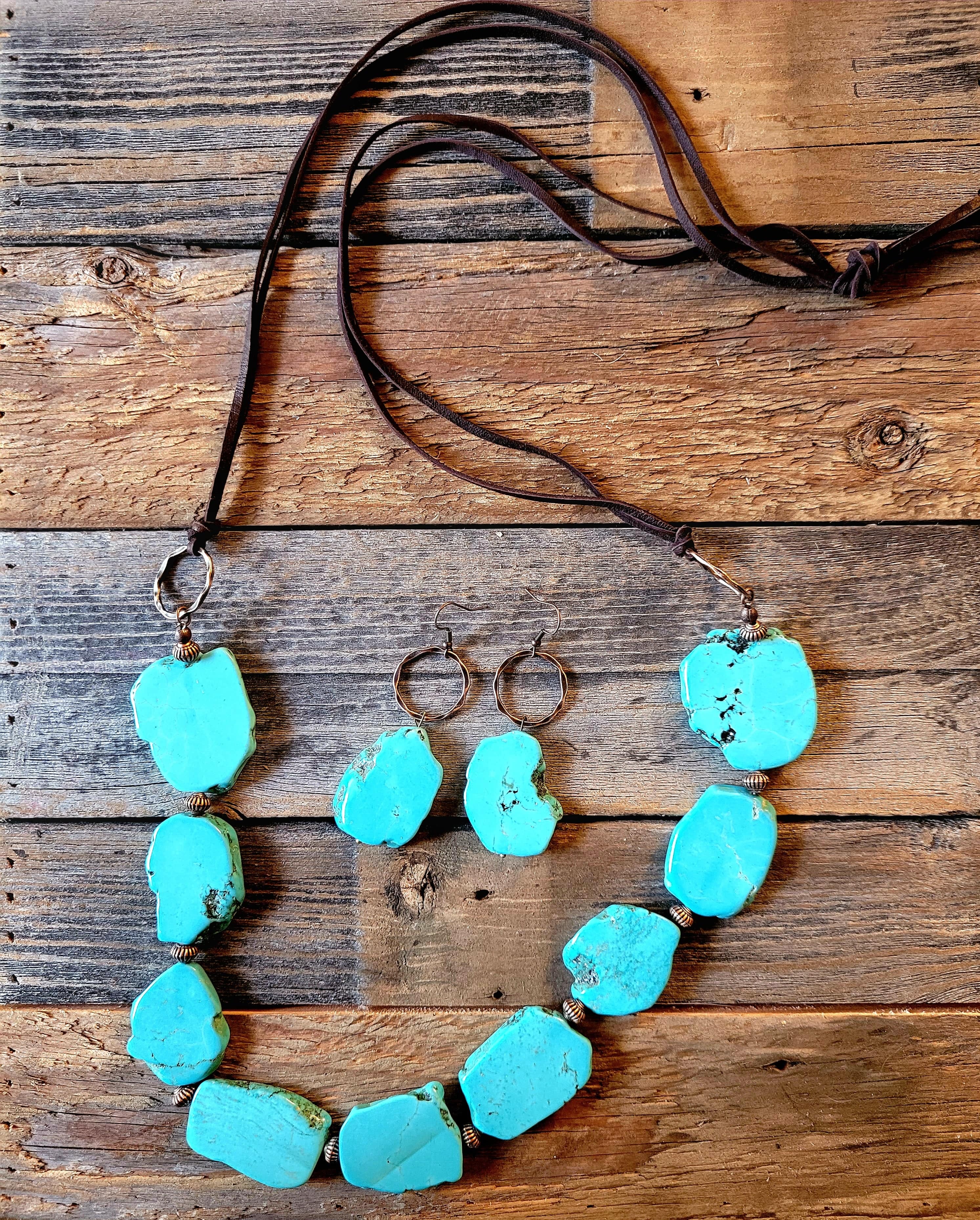 Bundle Deal-Blue Turquoise Slab Necklace + Blue Turquoise Slab Earrings + Leather Cuff - Ranch Junkie Mercantile LLC