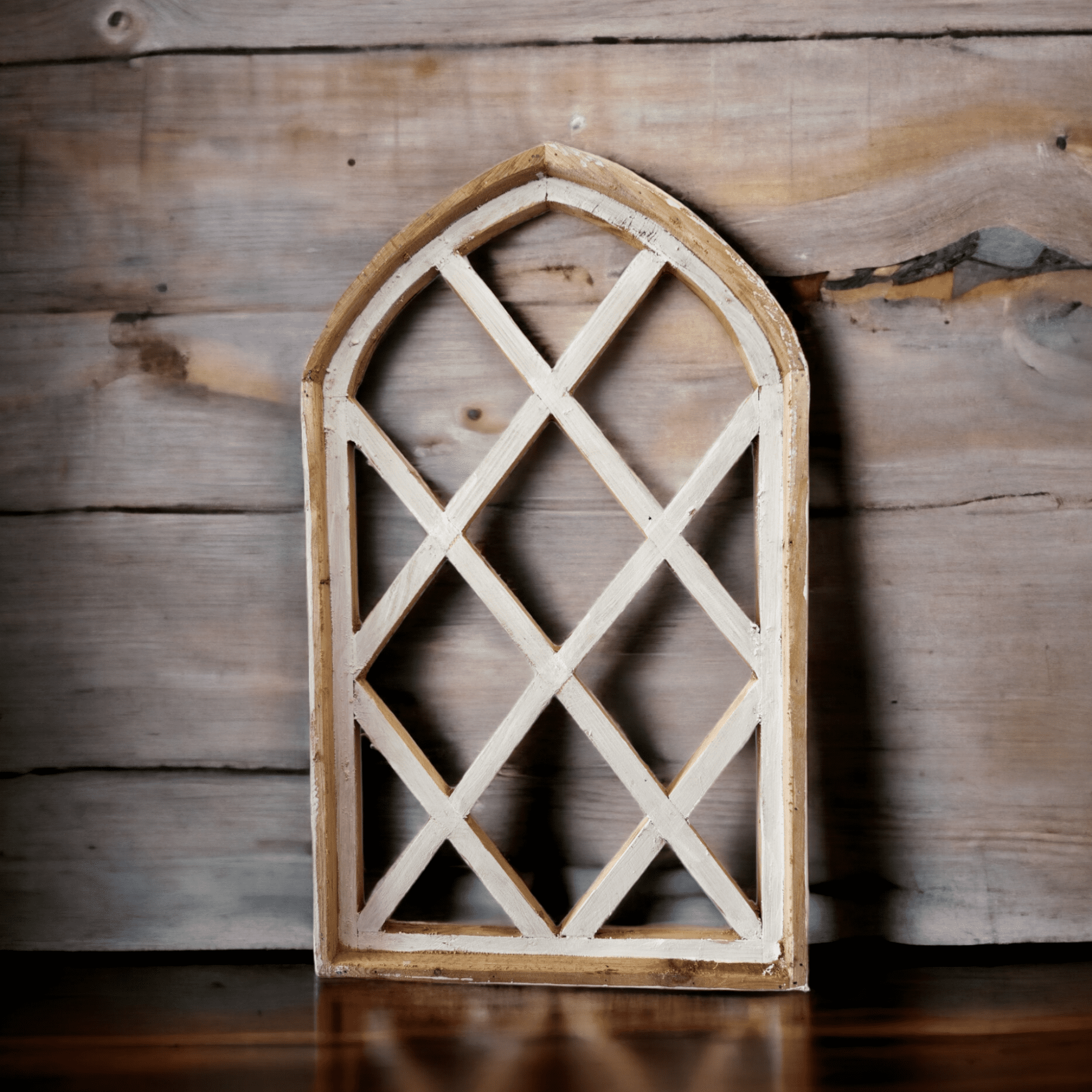 Farmhouse Wooden Wall Window Arch Wood Window - Lattice Gardens Antique White - Ranch Junkie Mercantile LLC