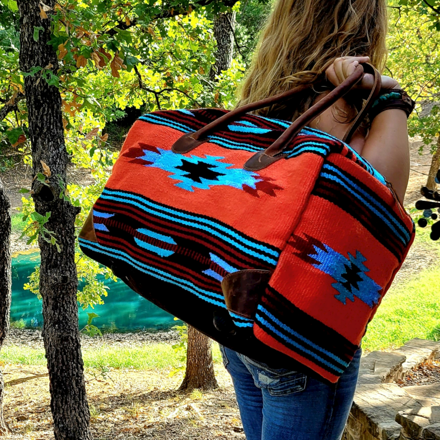 Bundle Deal- Sedona Southwestern Boho Aztec Large Weekender Duffel Bag + Sedona Handwoven Southwestern Saddle Blanket Tote Purse - Ranch Junkie Mercantile LLC