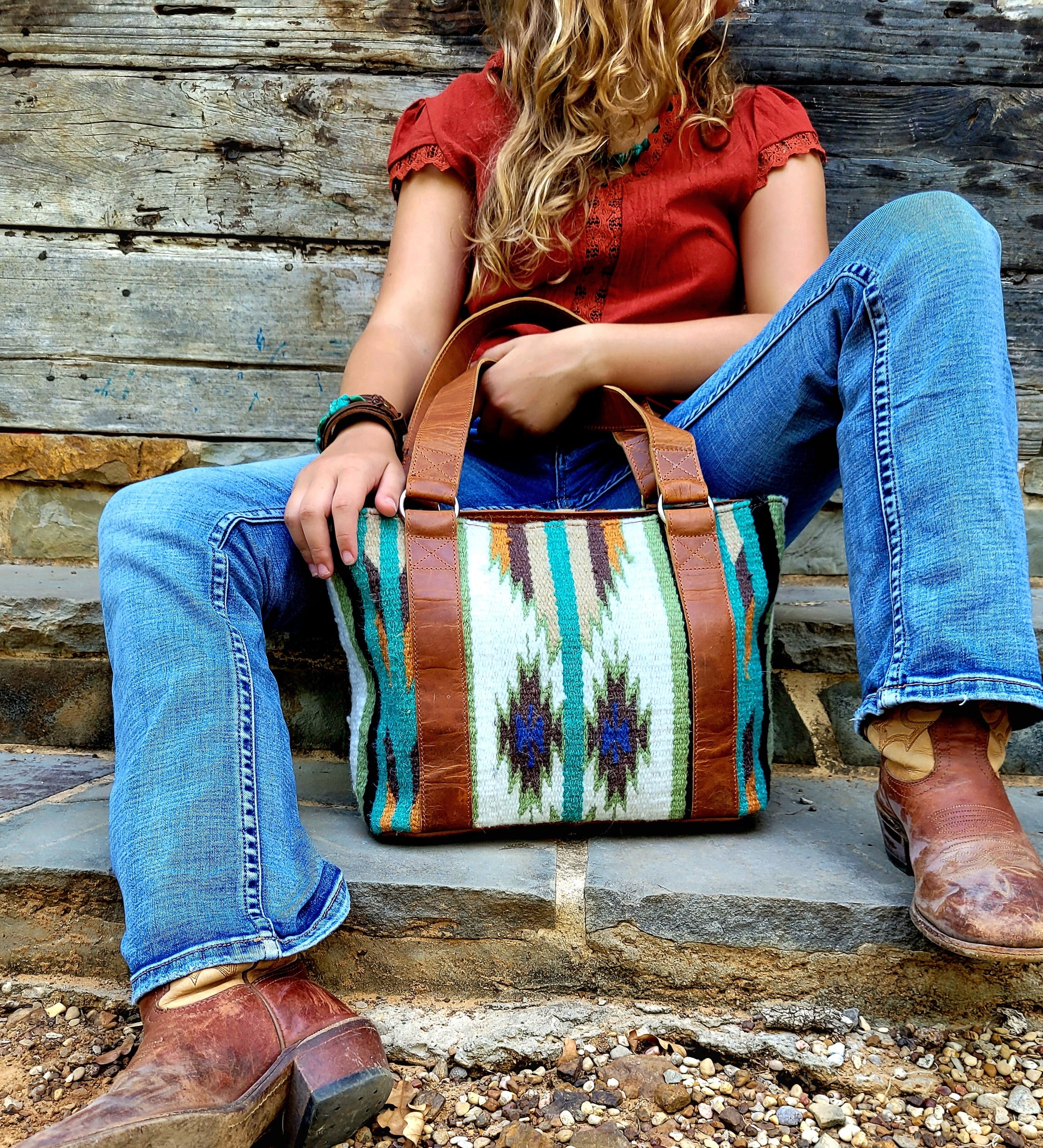 Aspen Southwestern Handwoven Wool+Leather Boho Tote Western Handbag Saddle Blanket Purse - Ranch Junkie Mercantile LLC