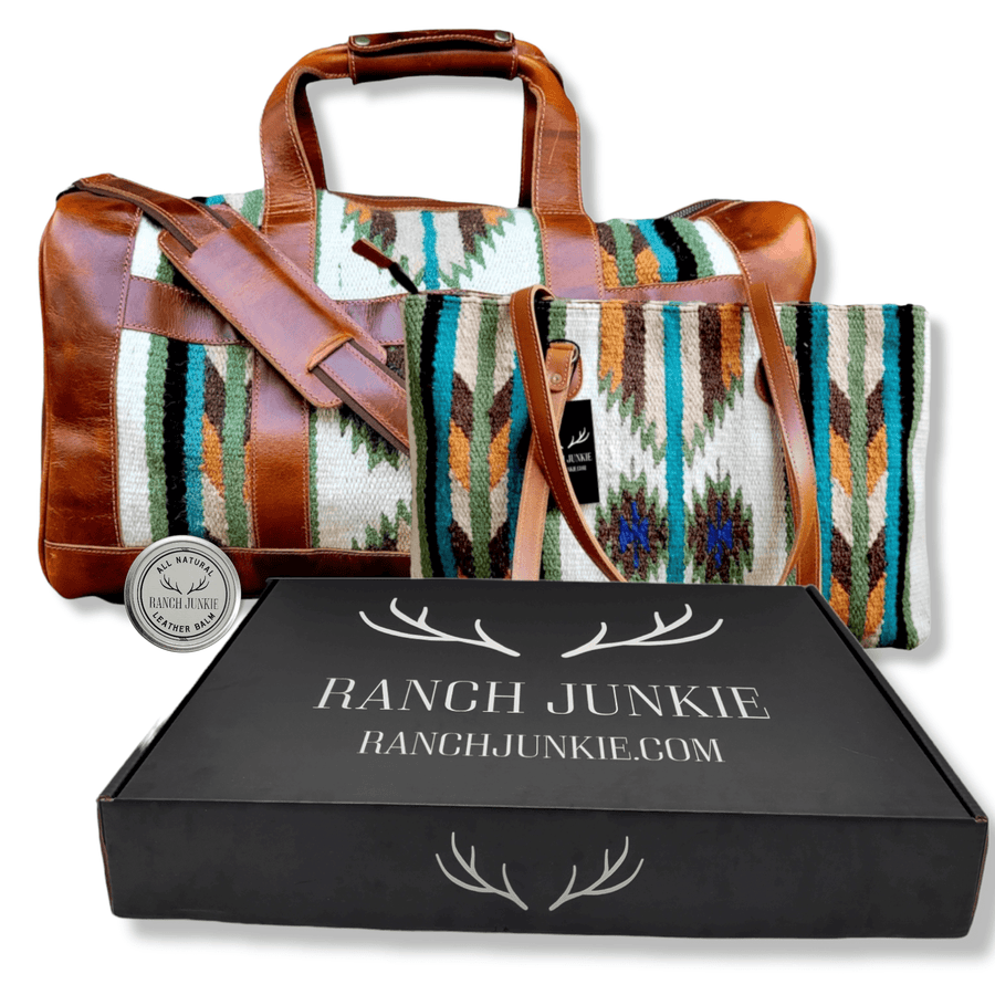 Bundle Deal - The Aspen Southwestern Leather Aztec Weekender Duffel Bag + Large Handwoven Wool Boho Tote - Ranch Junkie Mercantile LLC