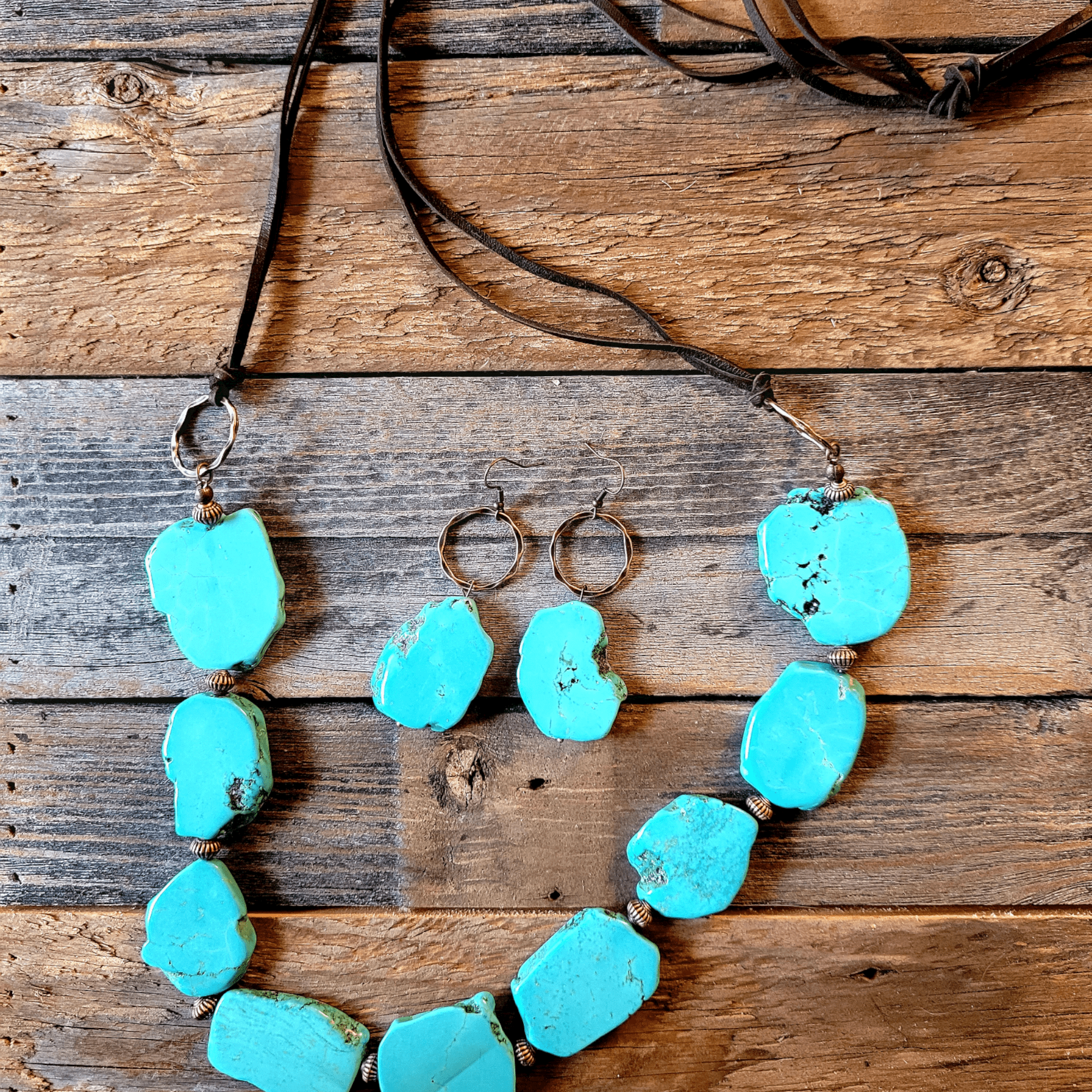 Blue Turquoise Slab Necklace with Leather Ties - Ranch Junkie Mercantile LLC