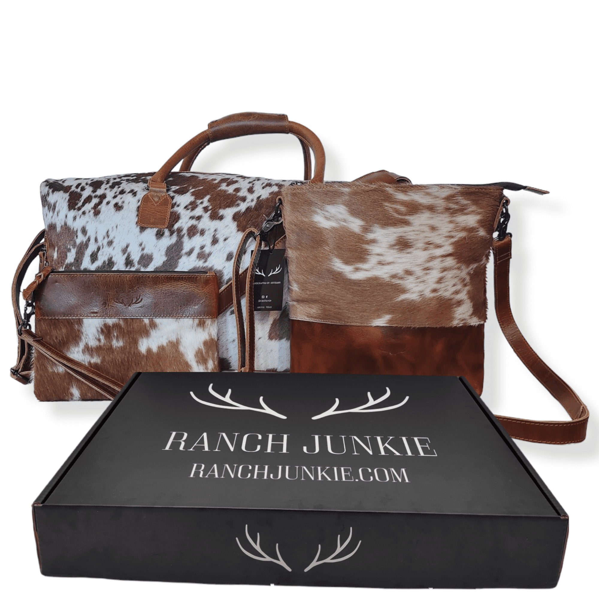 Mega Bundle Deal -The Highlands Large Genuine Cowhide Weekender Duffel Saddle+ Saddle Crossbody +Wristlet Clutch Saddle - Ranch Junkie Mercantile LLC