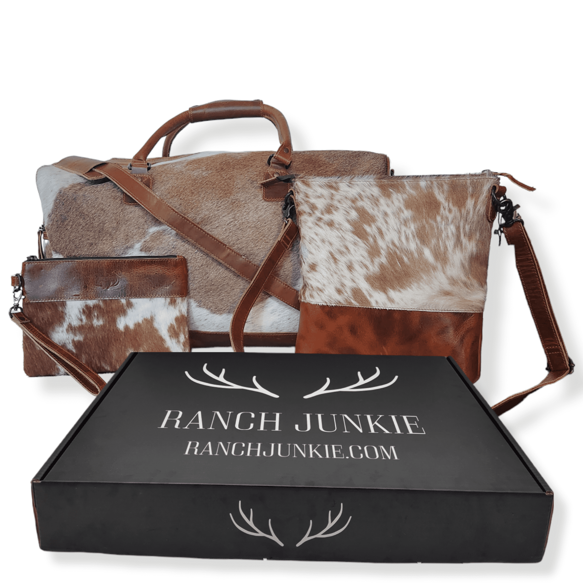 Mega Bundle Deal -The Highlands Large Genuine Cowhide Weekender Duffel Saddle+ Saddle Crossbody +Wristlet Clutch Saddle - Ranch Junkie Mercantile LLC