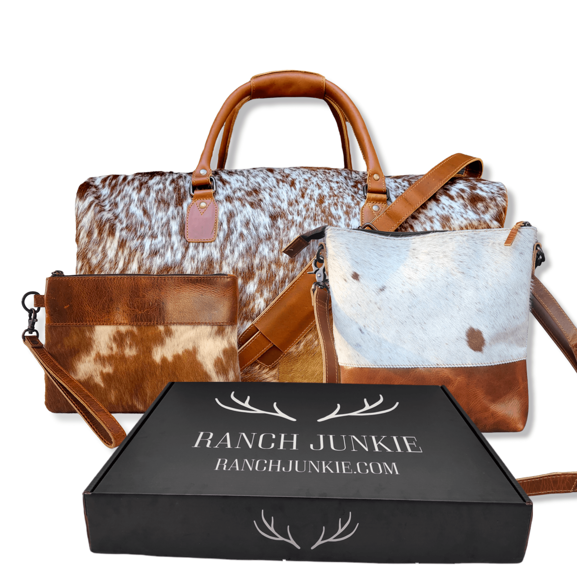 Mega Bundle Deal -The Highlands Large Genuine Cowhide Weekender Duffel Saddle+ Saddle Crossbody +Wristlet Clutch Saddle - Ranch Junkie Mercantile LLC