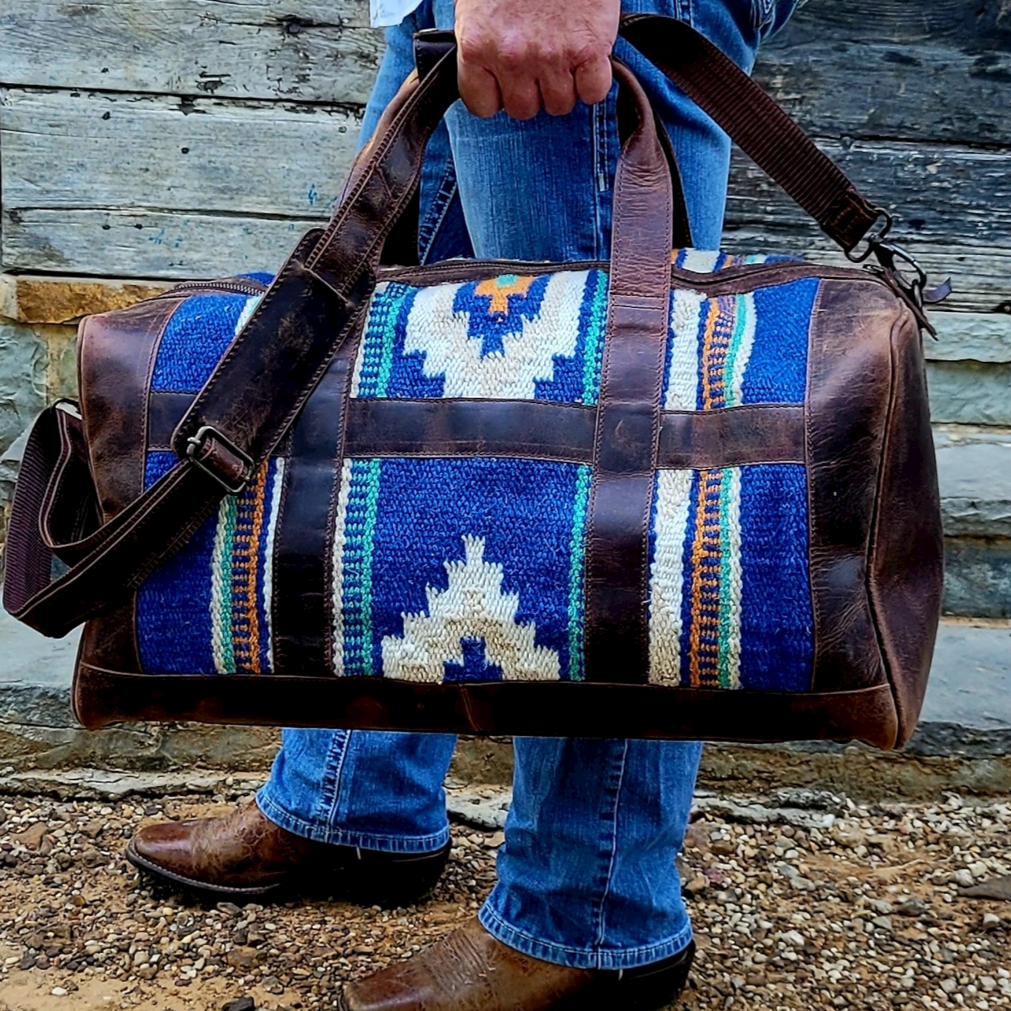Southwestern Saddle Blanket Aztec Weekender Dakota Leather Duffel Bag - Ranch Junkie Mercantile LLC