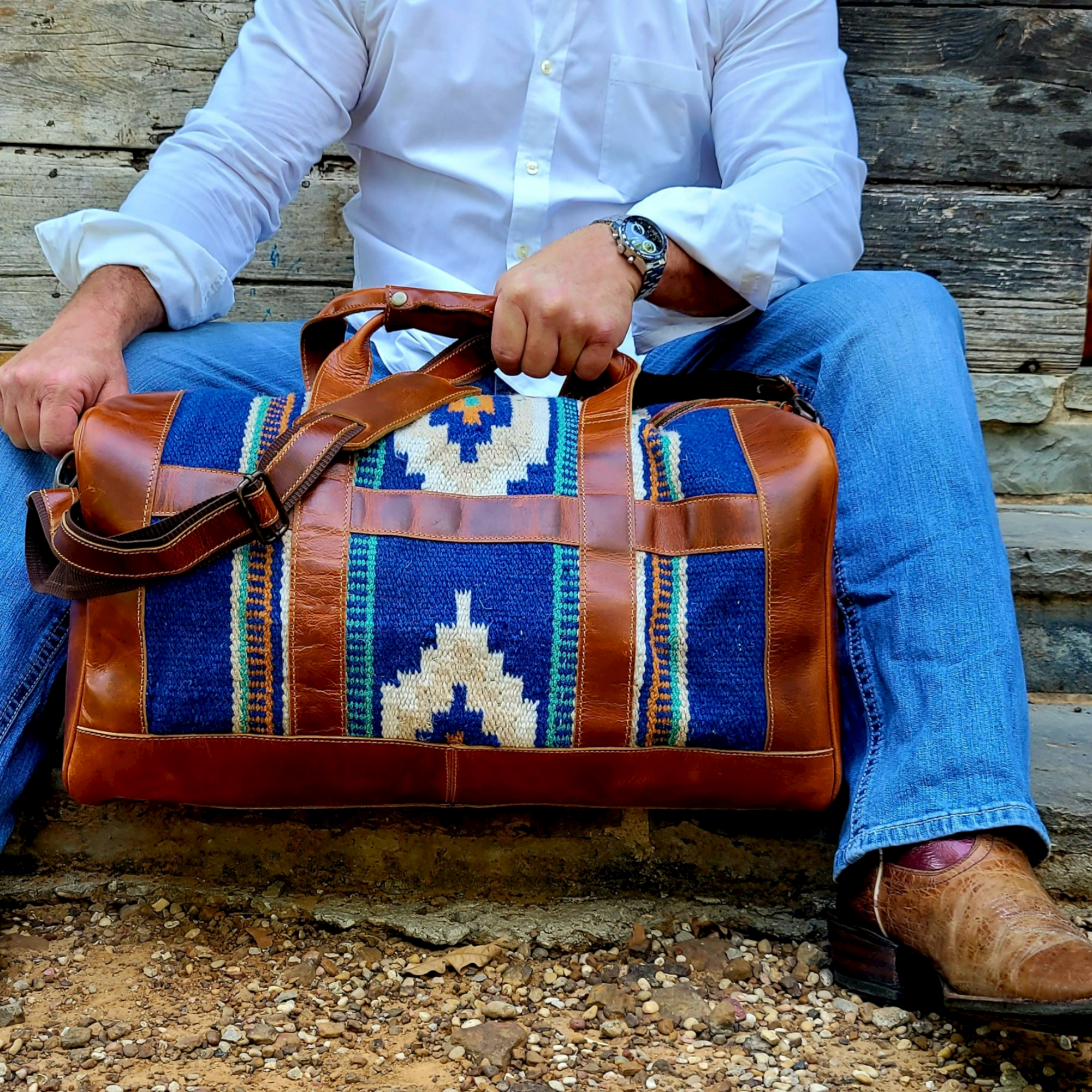 Southwestern Saddle Blanket Aztec Weekender Dakota Leather Duffel Bag - Ranch Junkie Mercantile LLC