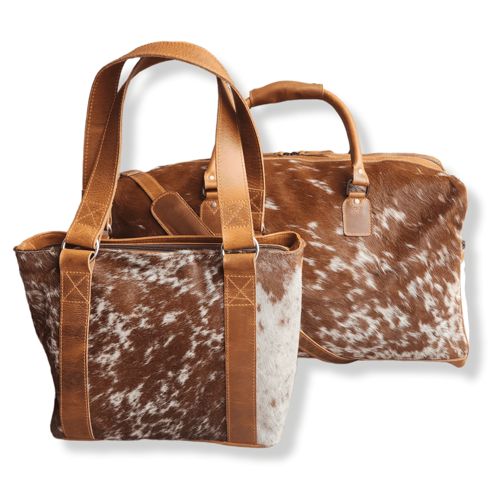 Bundle Deal -The Highlands Large Genuine Cowhide Weekender Duffel Saddle Bag+ Tote Purse Saddle - Ranch Junkie Mercantile LLC