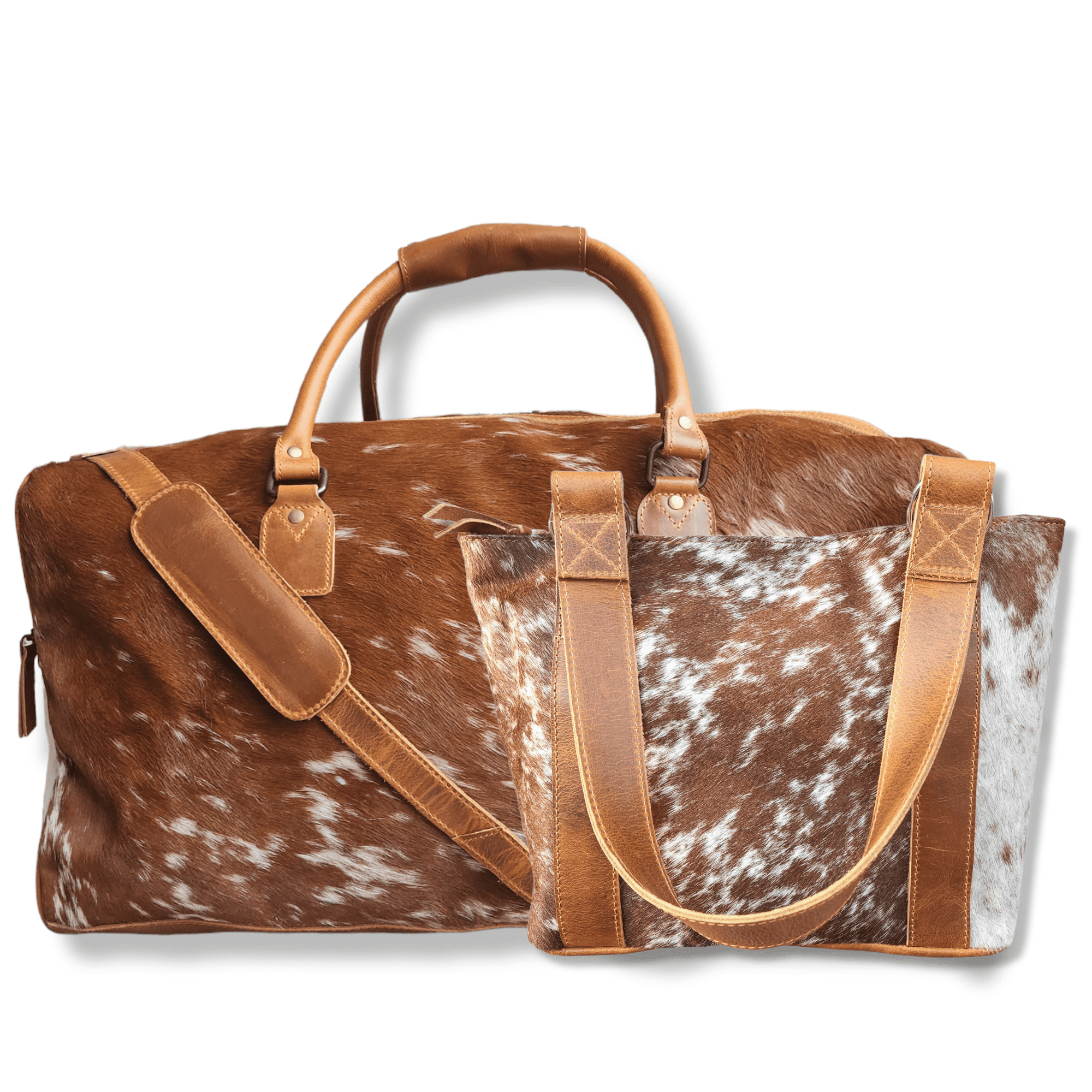 Bundle Deal Highlands Large Genuine Cowhide Weekender Duffel Saddle Bag+ Tote Purse Saddle - Ranch Junkie Mercantile LLC
