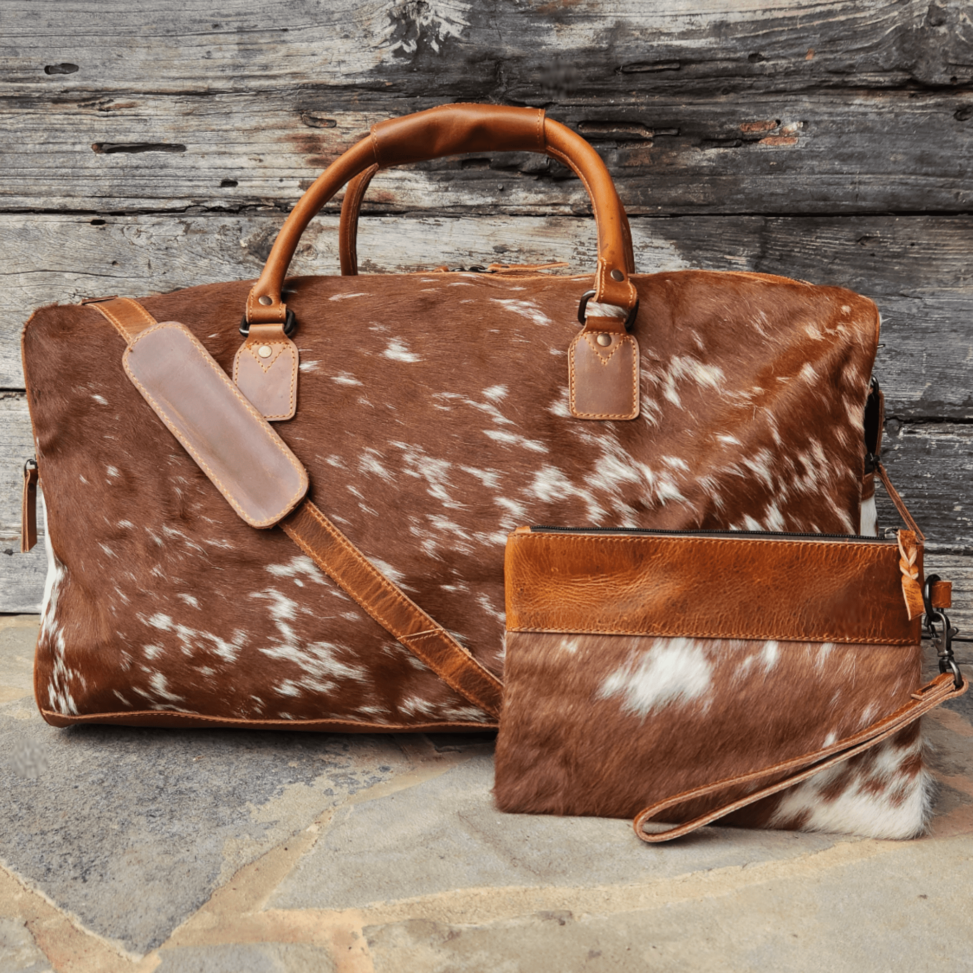 Bundle Deal -The Highlands Large Genuine Cowhide Weekender Duffel Saddle+ Wristlet Clutch Saddle - Ranch Junkie Mercantile LLC